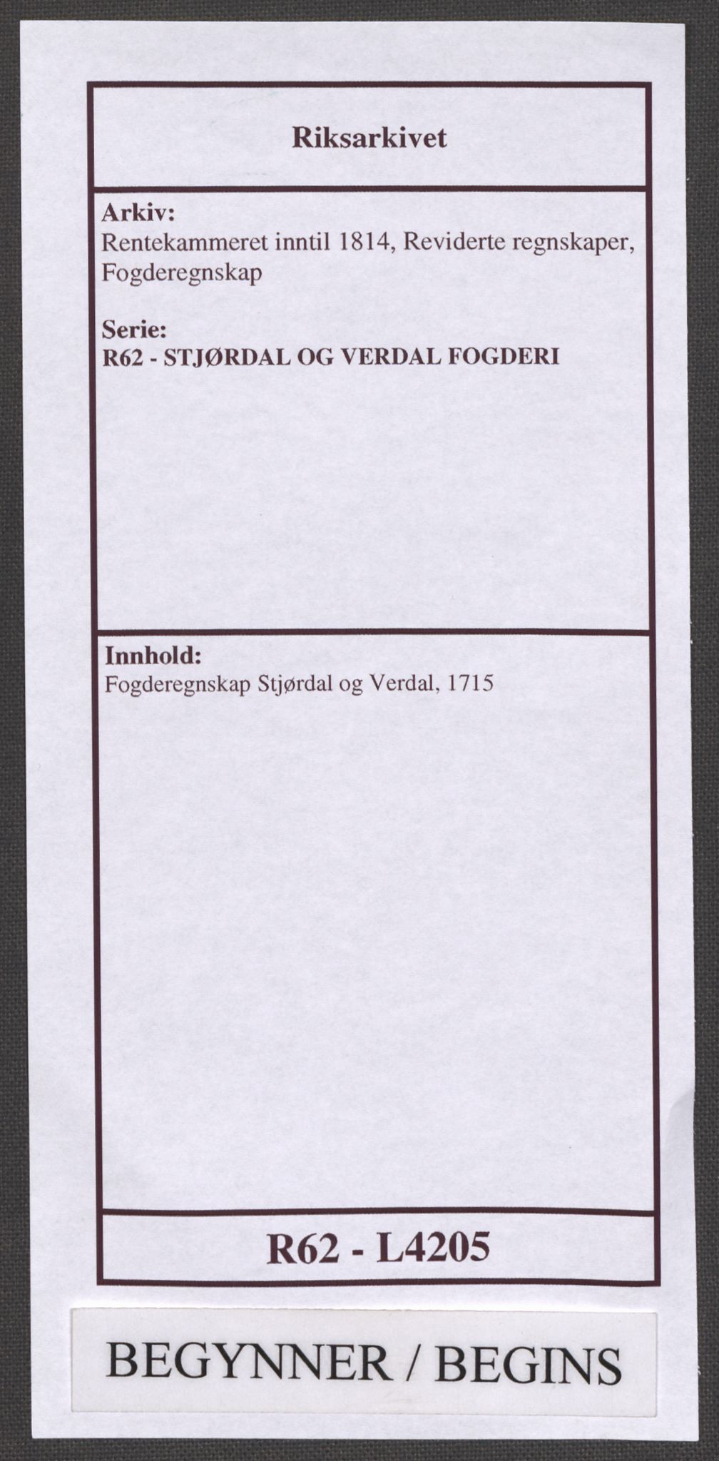 Rentekammeret inntil 1814, Reviderte regnskaper, Fogderegnskap, RA/EA-4092/R62/L4205: Fogderegnskap Stjørdal og Verdal, 1715, s. 1