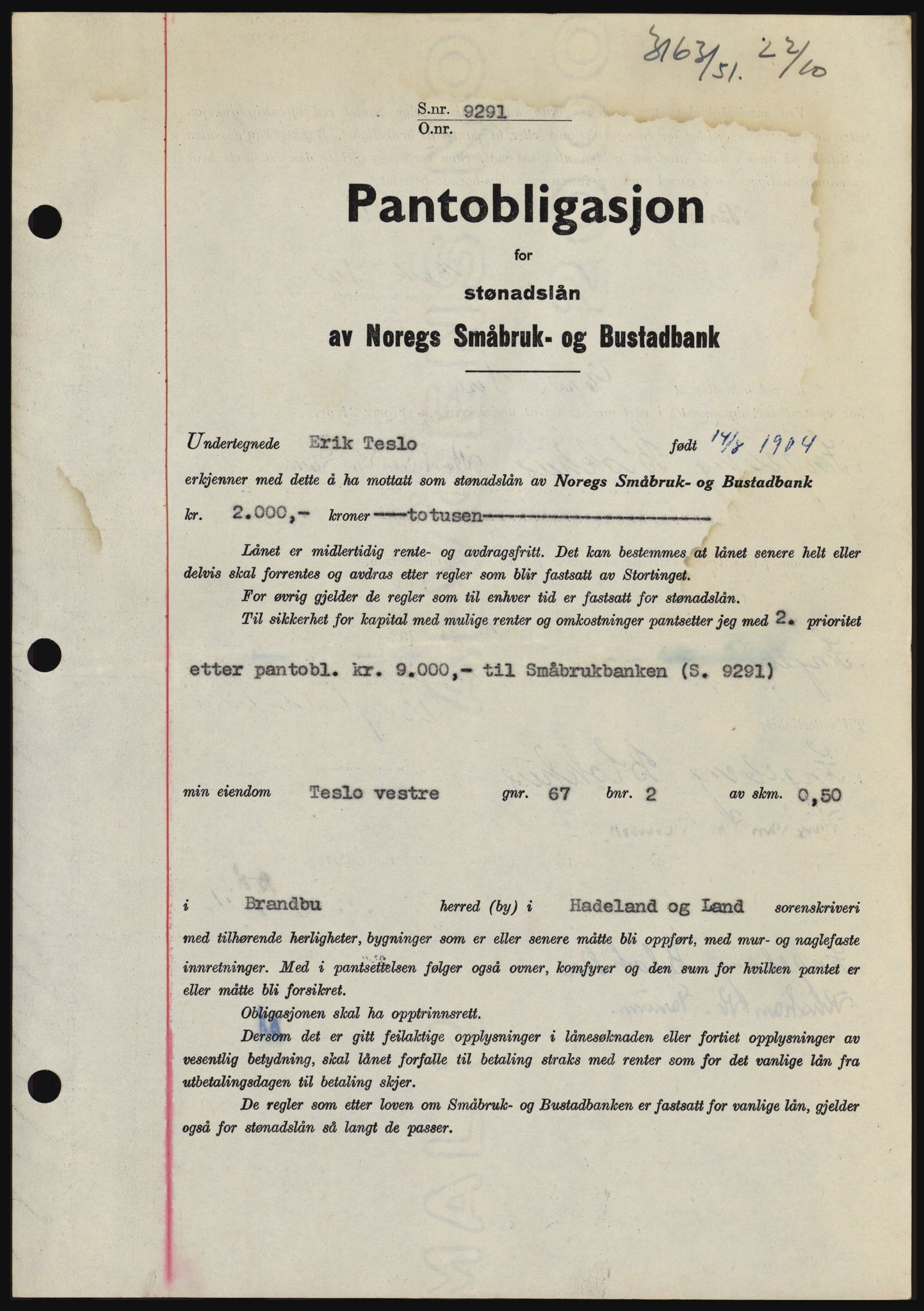 Hadeland og Land tingrett, SAH/TING-010/H/Hb/Hbc/L0022: Pantebok nr. B22, 1951-1951, Dagboknr: 3163/1951