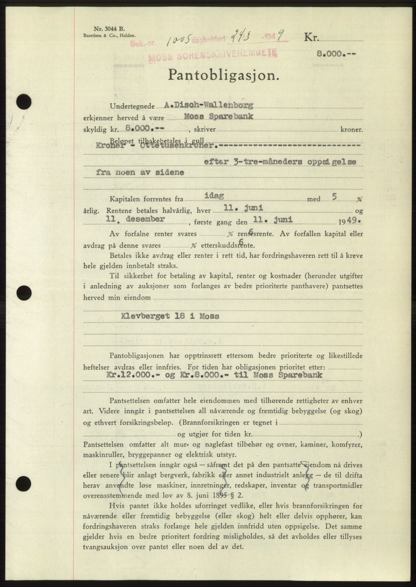 Moss sorenskriveri, SAO/A-10168: Pantebok nr. B21, 1949-1949, Dagboknr: 1005/1949