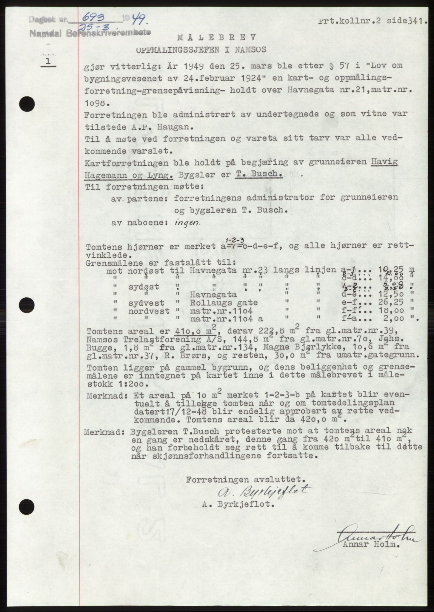 Namdal sorenskriveri, SAT/A-4133/1/2/2C: Pantebok nr. -, 1949-1949, Dagboknr: 693/1949