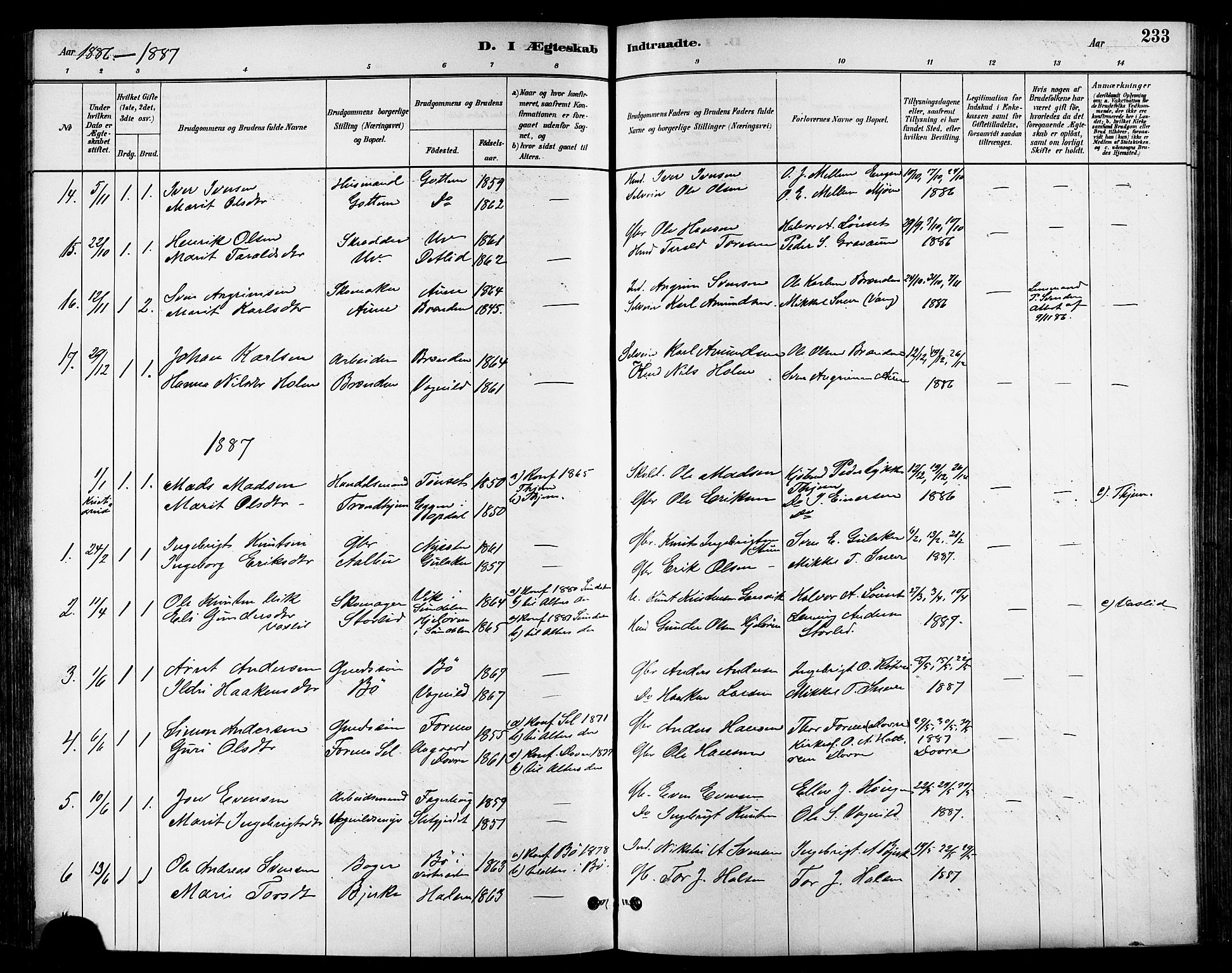 Ministerialprotokoller, klokkerbøker og fødselsregistre - Sør-Trøndelag, AV/SAT-A-1456/678/L0901: Ministerialbok nr. 678A10, 1881-1894, s. 233