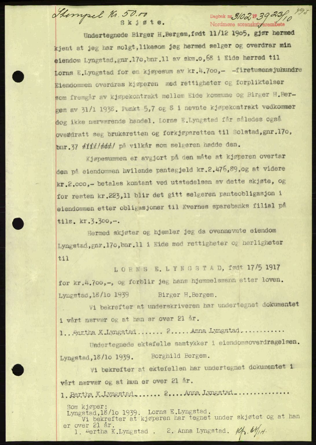 Nordmøre sorenskriveri, SAT/A-4132/1/2/2Ca: Pantebok nr. A87, 1939-1940, Dagboknr: 3102/1939