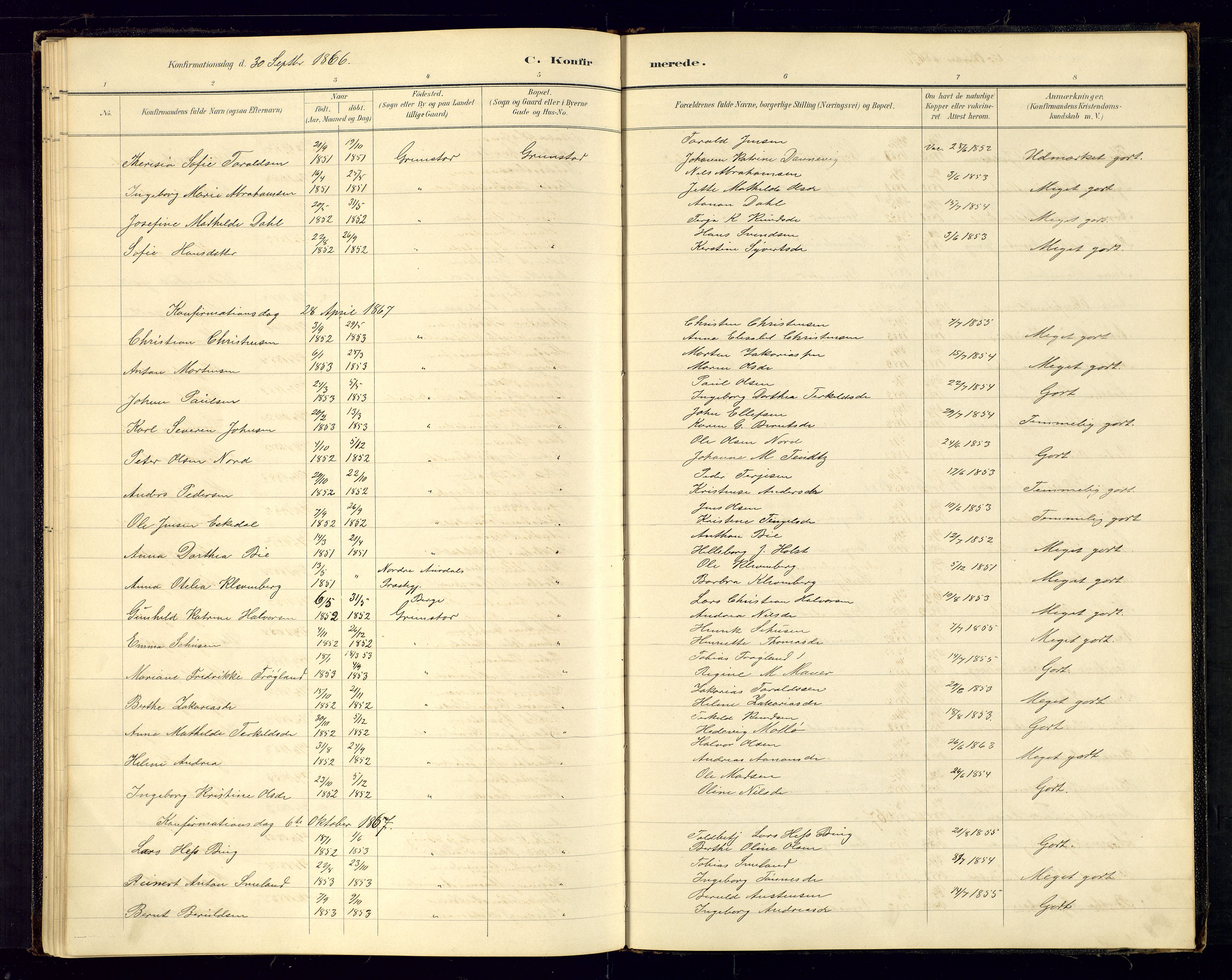 Grimstad sokneprestkontor, AV/SAK-1111-0017/F/Fa/L0001: Ministerialbok nr. A 1a, 1850-1877