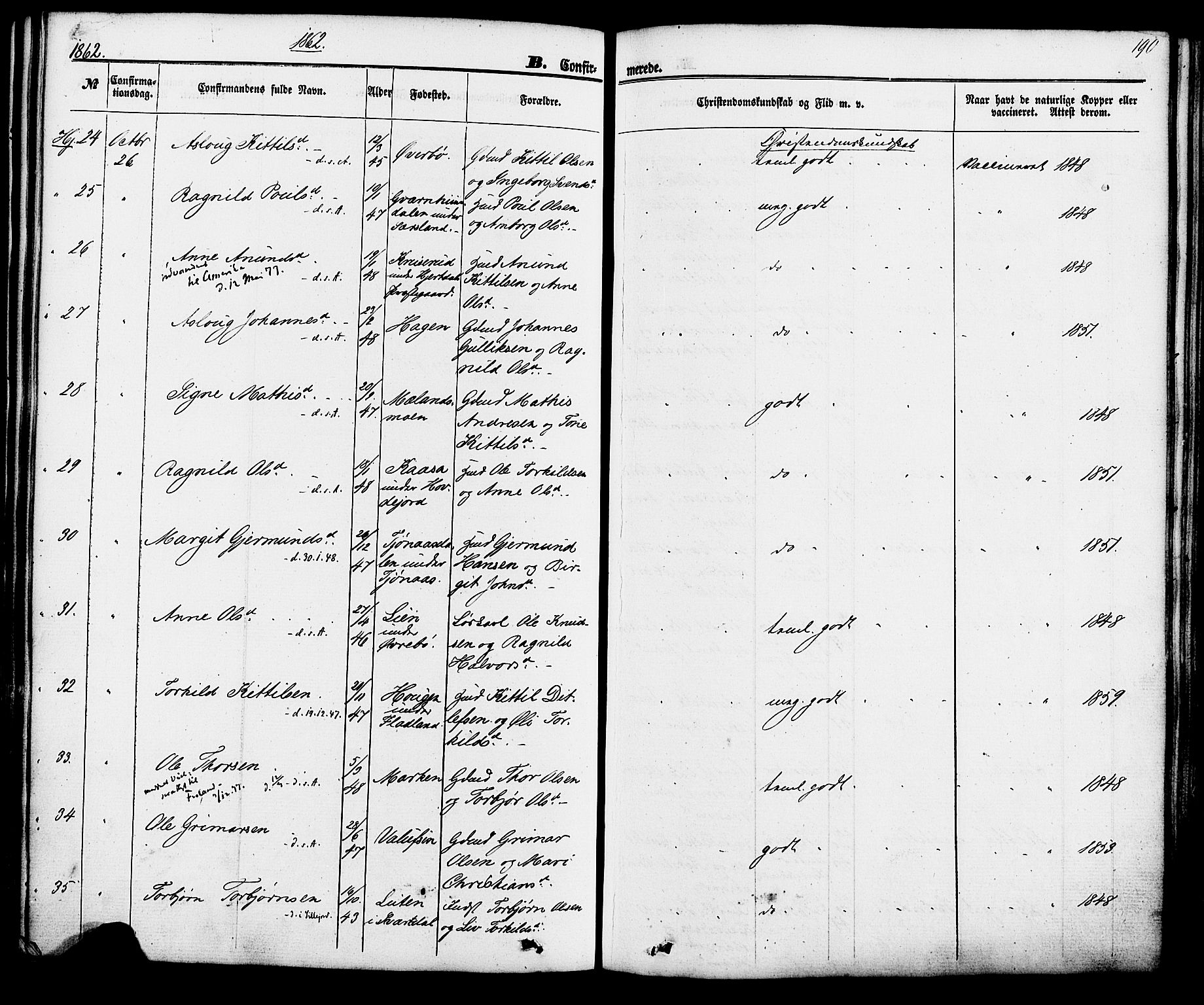 Hjartdal kirkebøker, AV/SAKO-A-270/F/Fa/L0009: Ministerialbok nr. I 9, 1860-1879, s. 190