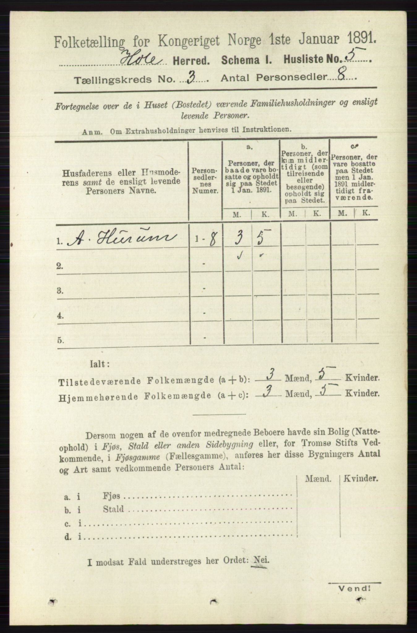 RA, Folketelling 1891 for 0612 Hole herred, 1891, s. 1123