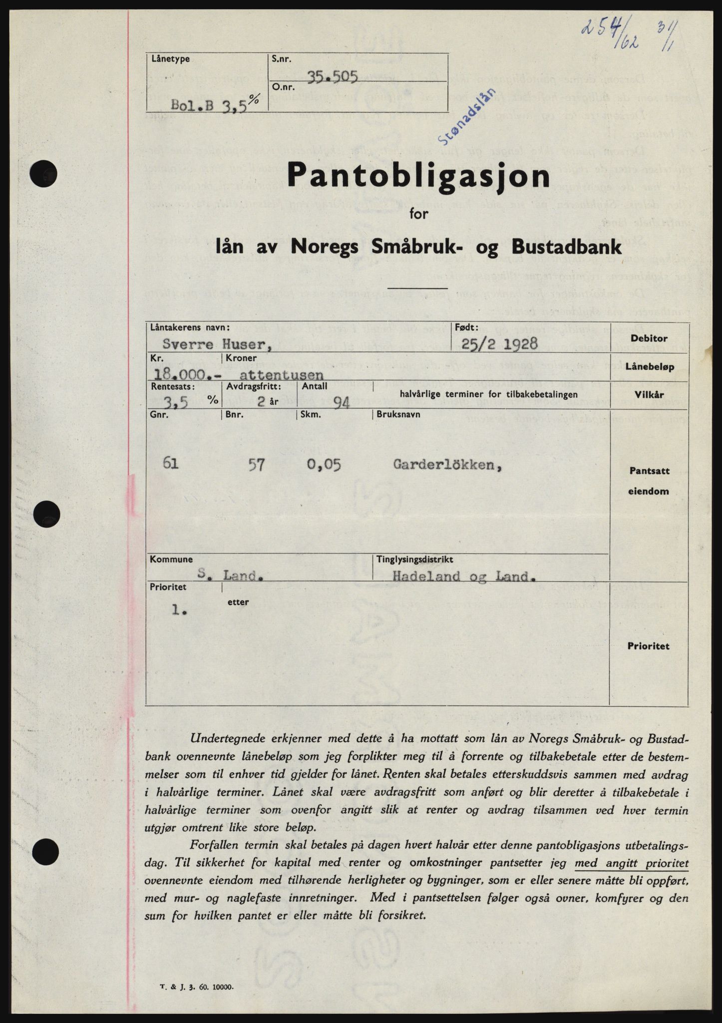 Hadeland og Land tingrett, SAH/TING-010/H/Hb/Hbc/L0047: Pantebok nr. B47, 1961-1962, Dagboknr: 254/1962