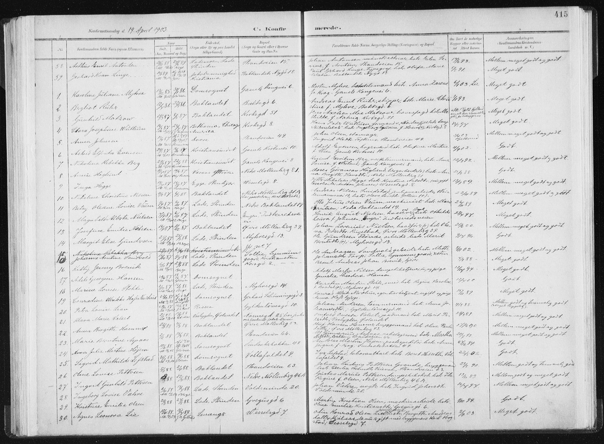 Ministerialprotokoller, klokkerbøker og fødselsregistre - Sør-Trøndelag, SAT/A-1456/604/L0200: Ministerialbok nr. 604A20II, 1901-1908, s. 415