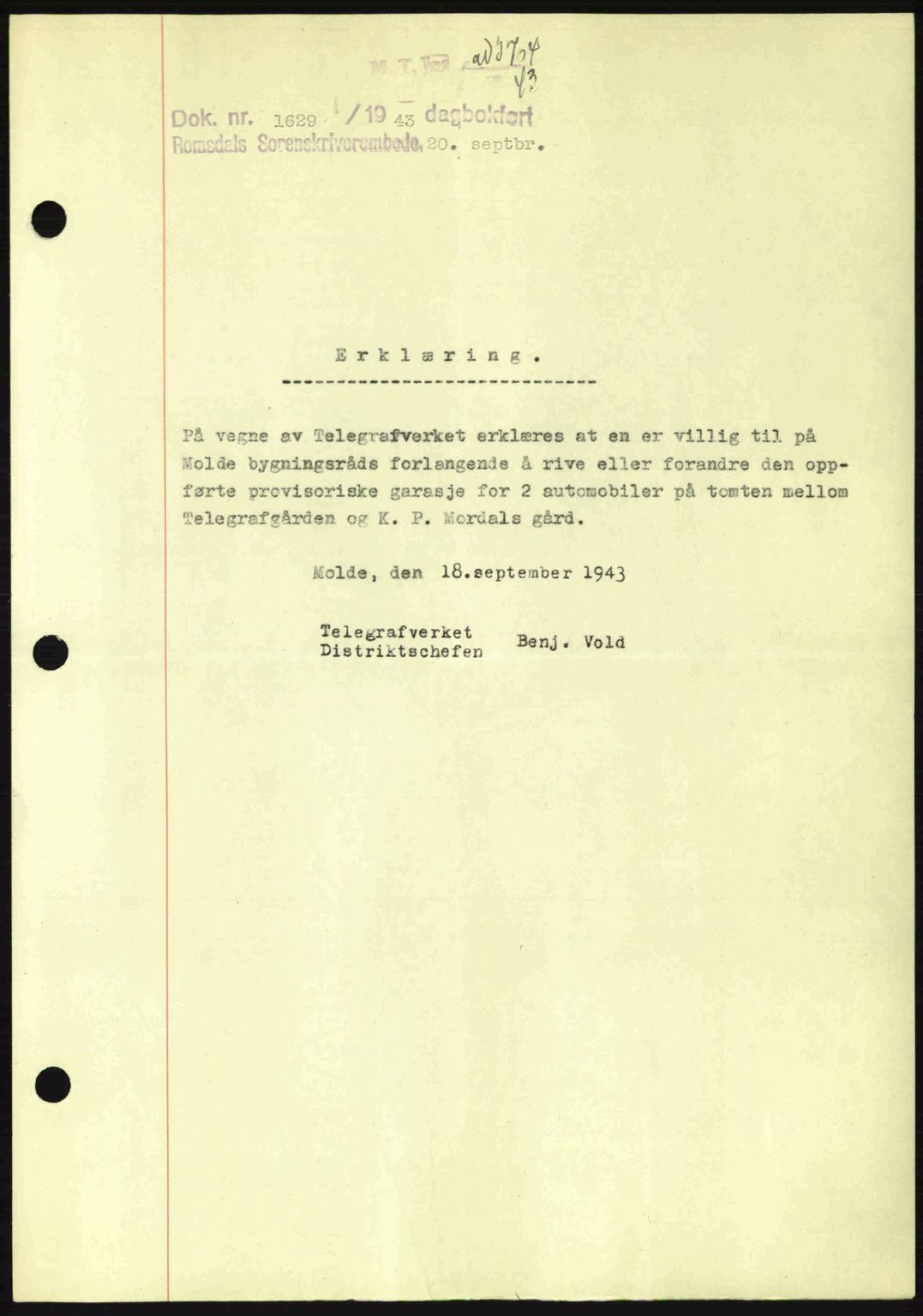 Romsdal sorenskriveri, SAT/A-4149/1/2/2C: Pantebok nr. B2, 1939-1945, Dagboknr: 1629/1943