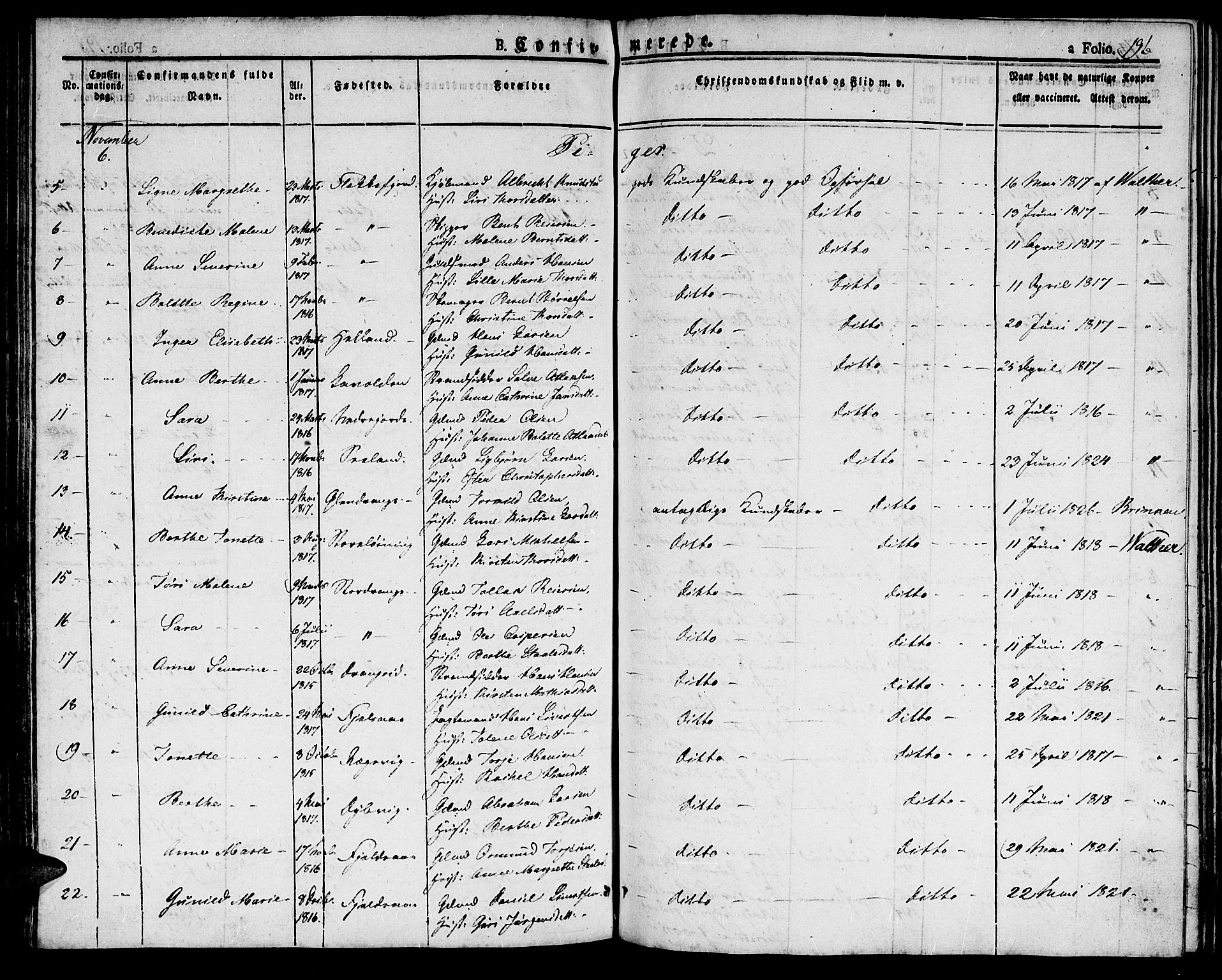 Flekkefjord sokneprestkontor, AV/SAK-1111-0012/F/Fb/Fbc/L0004: Klokkerbok nr. B 4, 1827-1846, s. 196