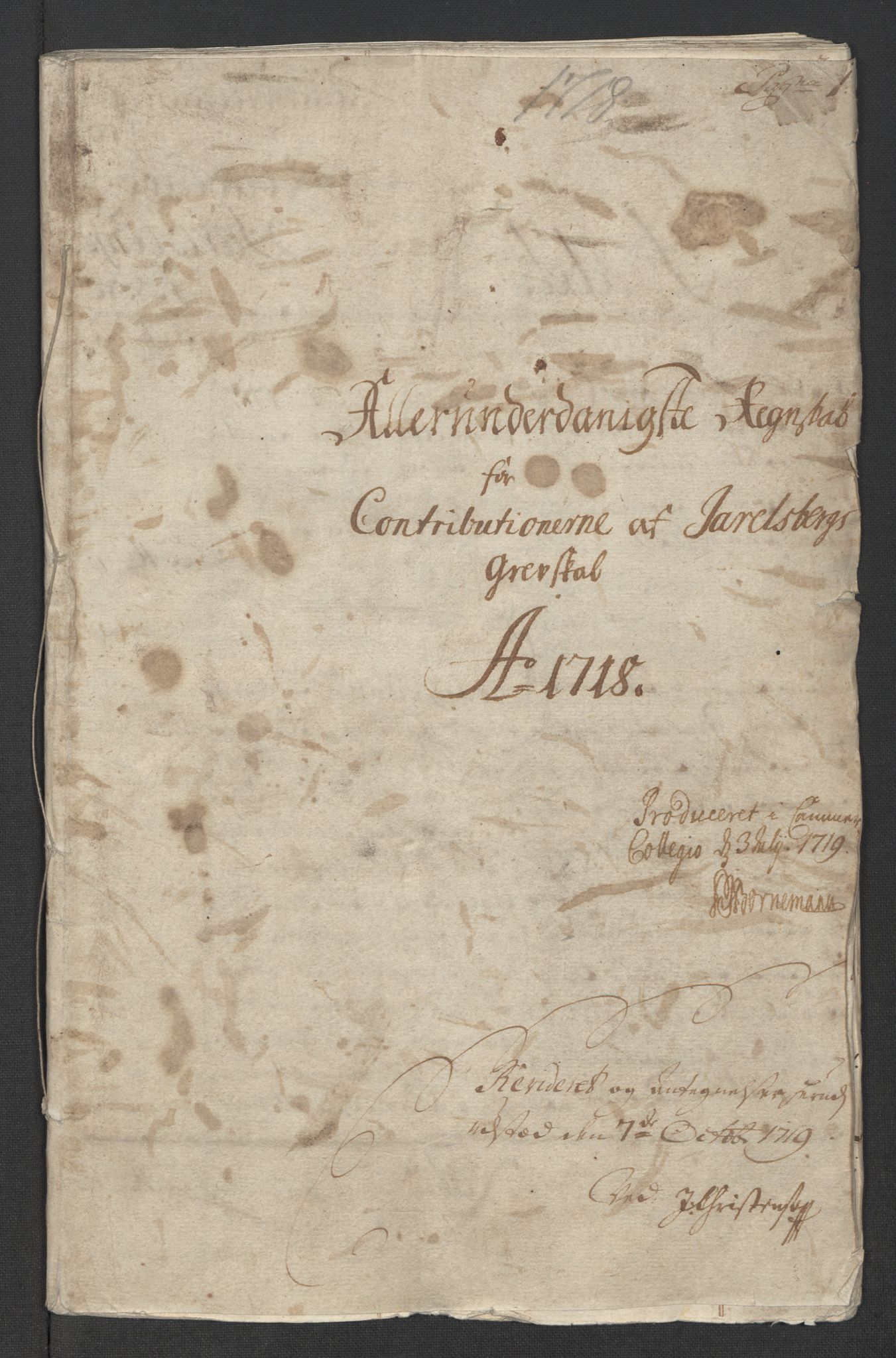 Rentekammeret inntil 1814, Reviderte regnskaper, Fogderegnskap, RA/EA-4092/R32/L1882: Fogderegnskap Jarlsberg grevskap, 1718, s. 3