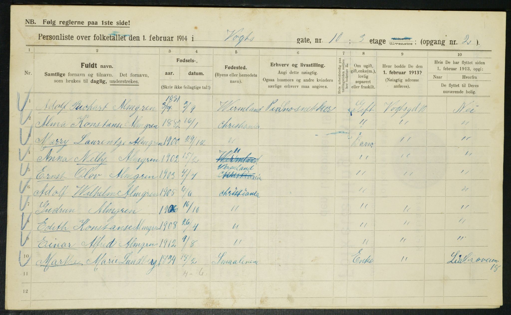 OBA, Kommunal folketelling 1.2.1914 for Kristiania, 1914, s. 125299