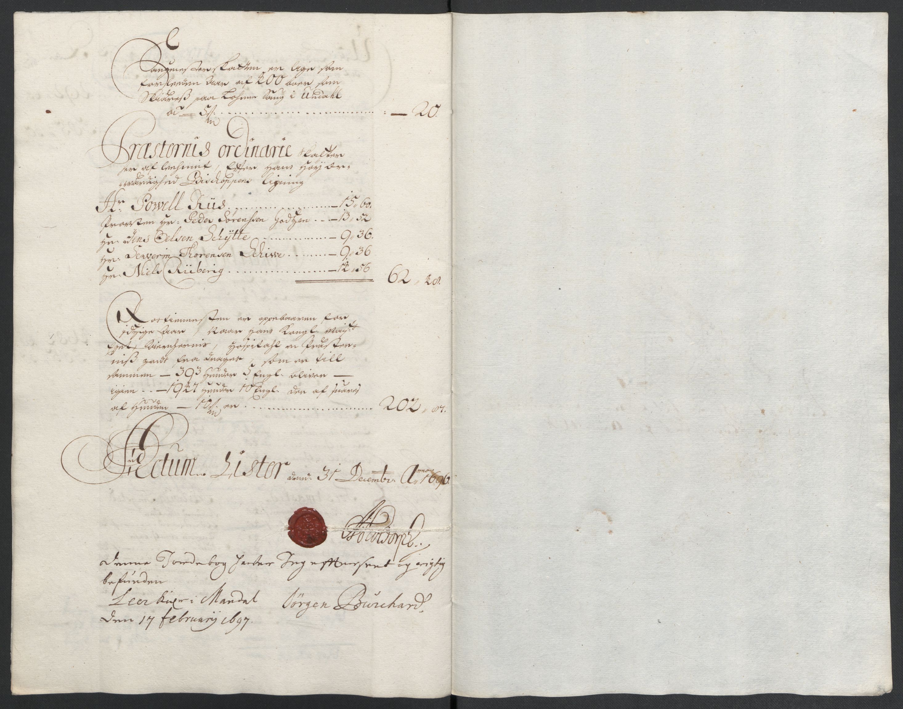 Rentekammeret inntil 1814, Reviderte regnskaper, Fogderegnskap, AV/RA-EA-4092/R43/L2546: Fogderegnskap Lista og Mandal, 1696-1697, s. 43