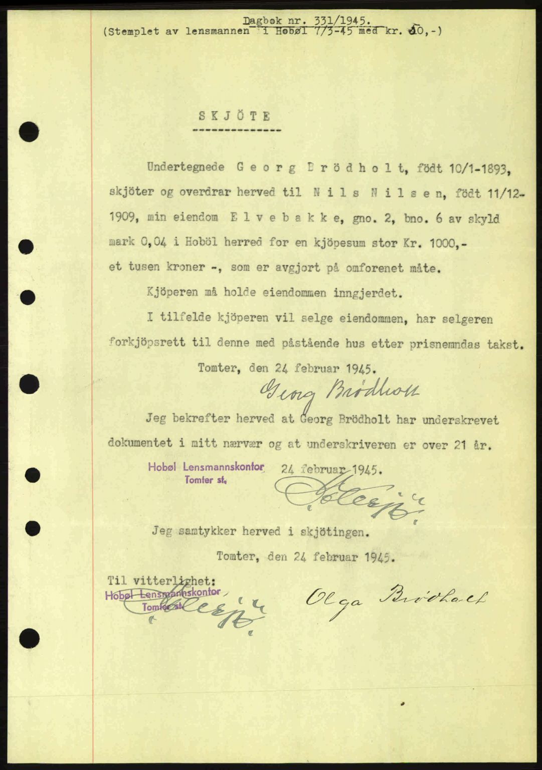 Moss sorenskriveri, SAO/A-10168: Pantebok nr. A13, 1944-1945, Dagboknr: 331/1945