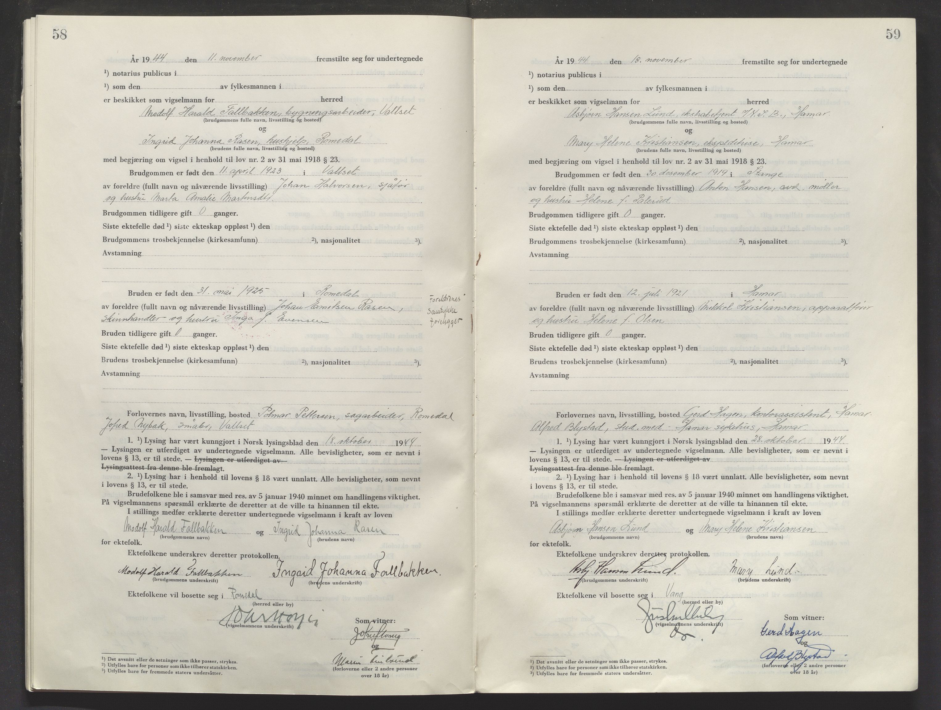 Sør-Hedmark sorenskriveri, AV/SAH-TING-014/L/Le/L0002/0001: Vigselsbøker / Vigselbok, 1944-1945, s. 58-59