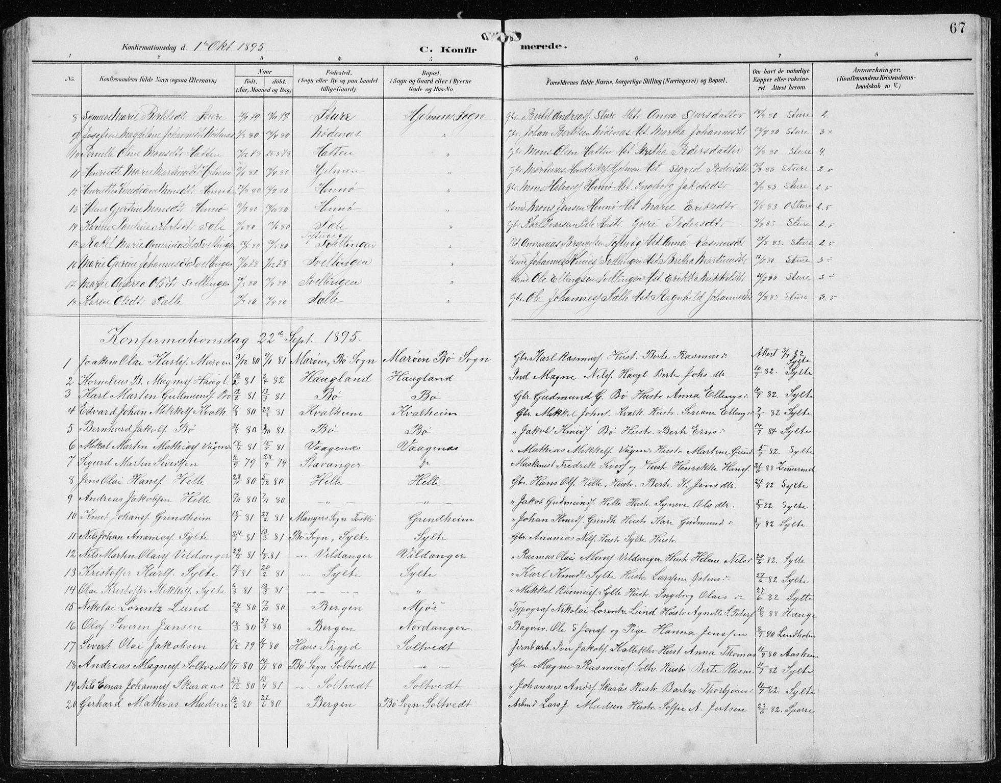 Manger sokneprestembete, AV/SAB-A-76801/H/Hab: Klokkerbok nr. B 3, 1891-1907, s. 67