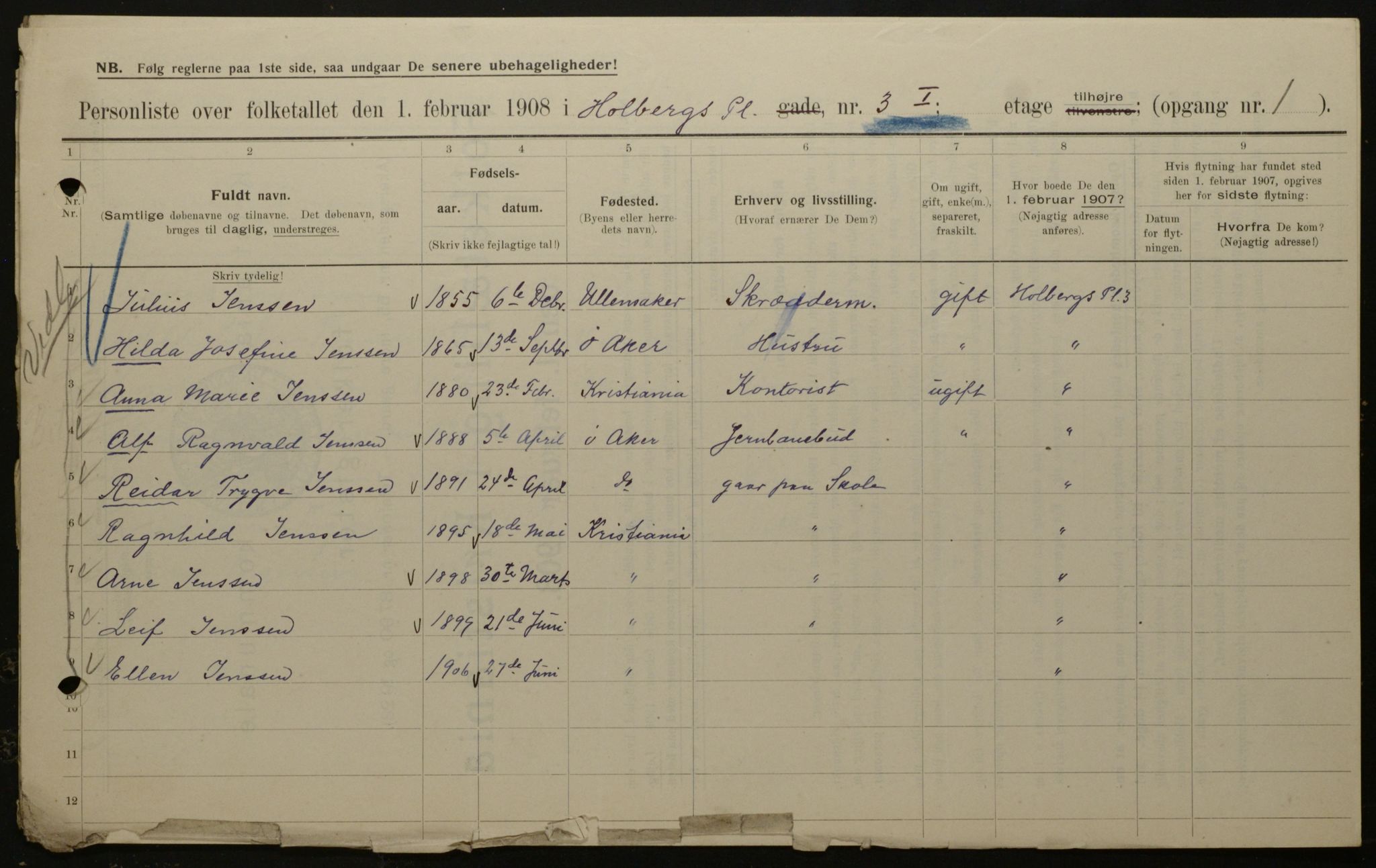 OBA, Kommunal folketelling 1.2.1908 for Kristiania kjøpstad, 1908, s. 36469