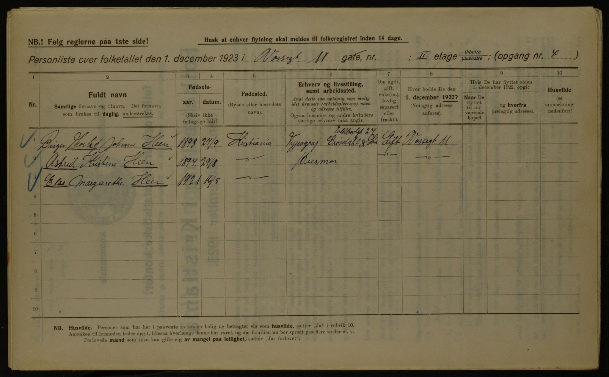 OBA, Kommunal folketelling 1.12.1923 for Kristiania, 1923, s. 138511