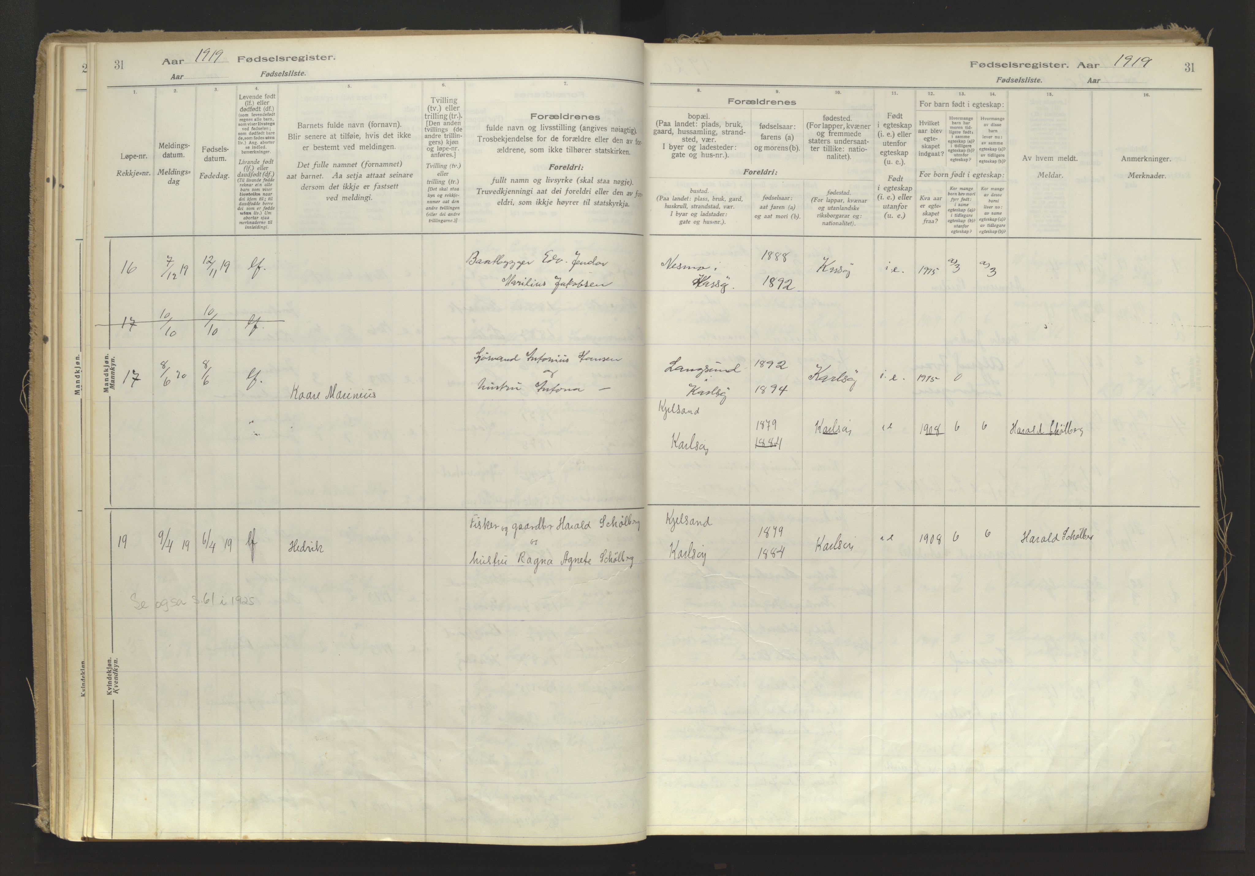 Karlsøy sokneprestembete, SATØ/S-1299/I/Ic/L0064: Fødselsregister nr. 64, 1916-1943, s. 31