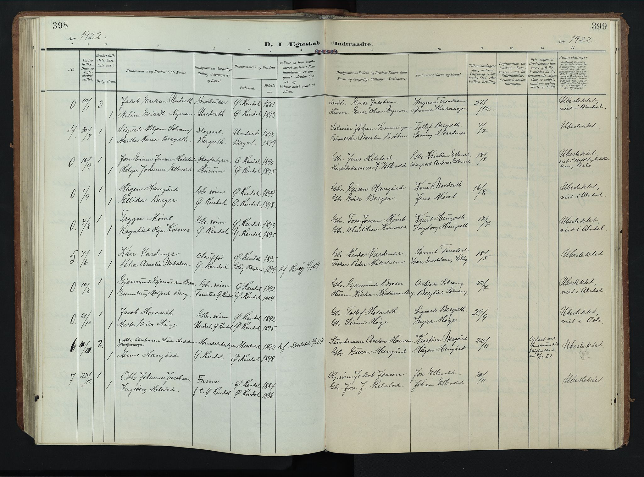 Rendalen prestekontor, AV/SAH-PREST-054/H/Ha/Hab/L0004: Klokkerbok nr. 4, 1904-1946, s. 398-399