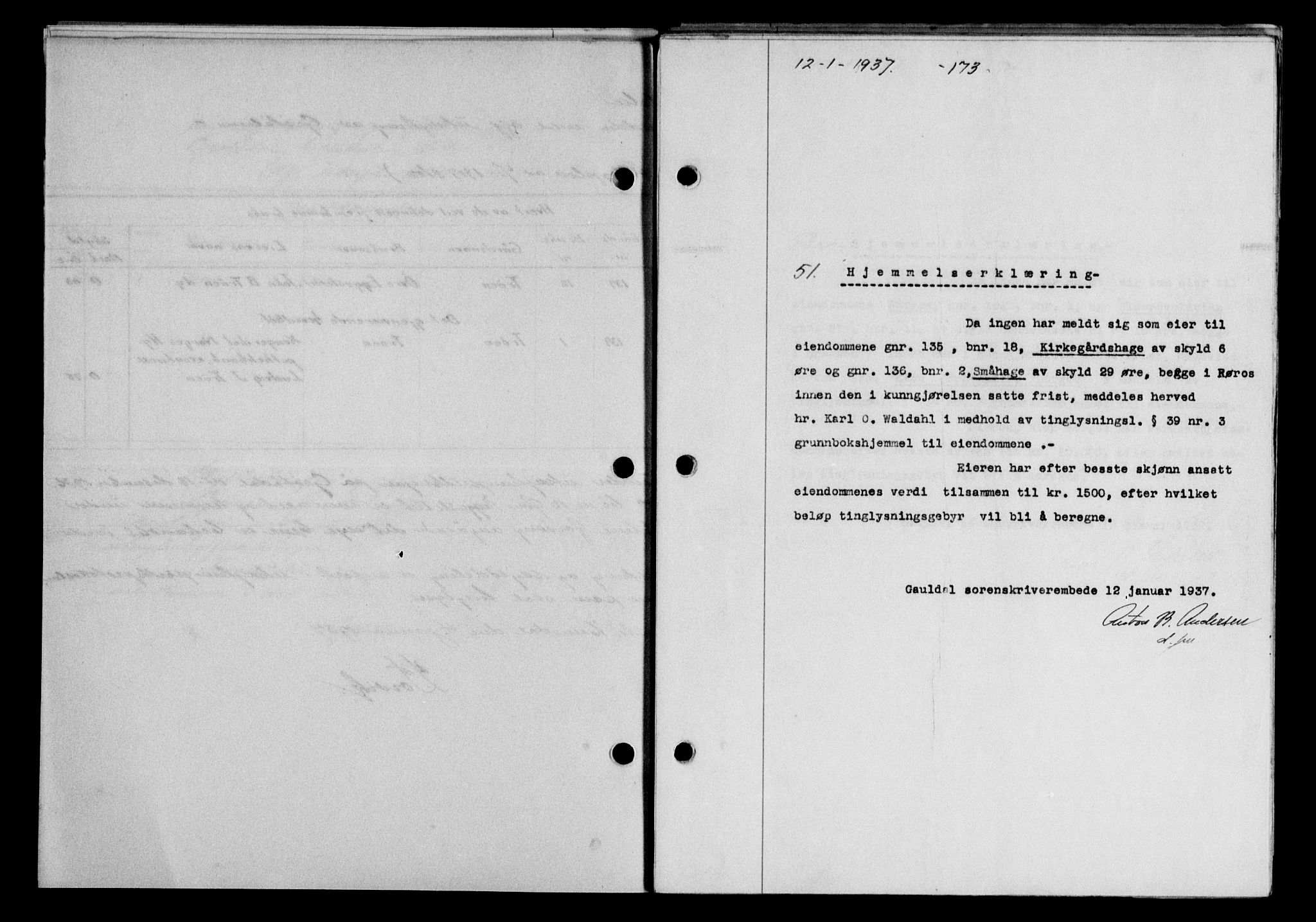Gauldal sorenskriveri, SAT/A-0014/1/2/2C/L0046: Pantebok nr. 49-50, 1936-1937, Dagboknr: 51/1937