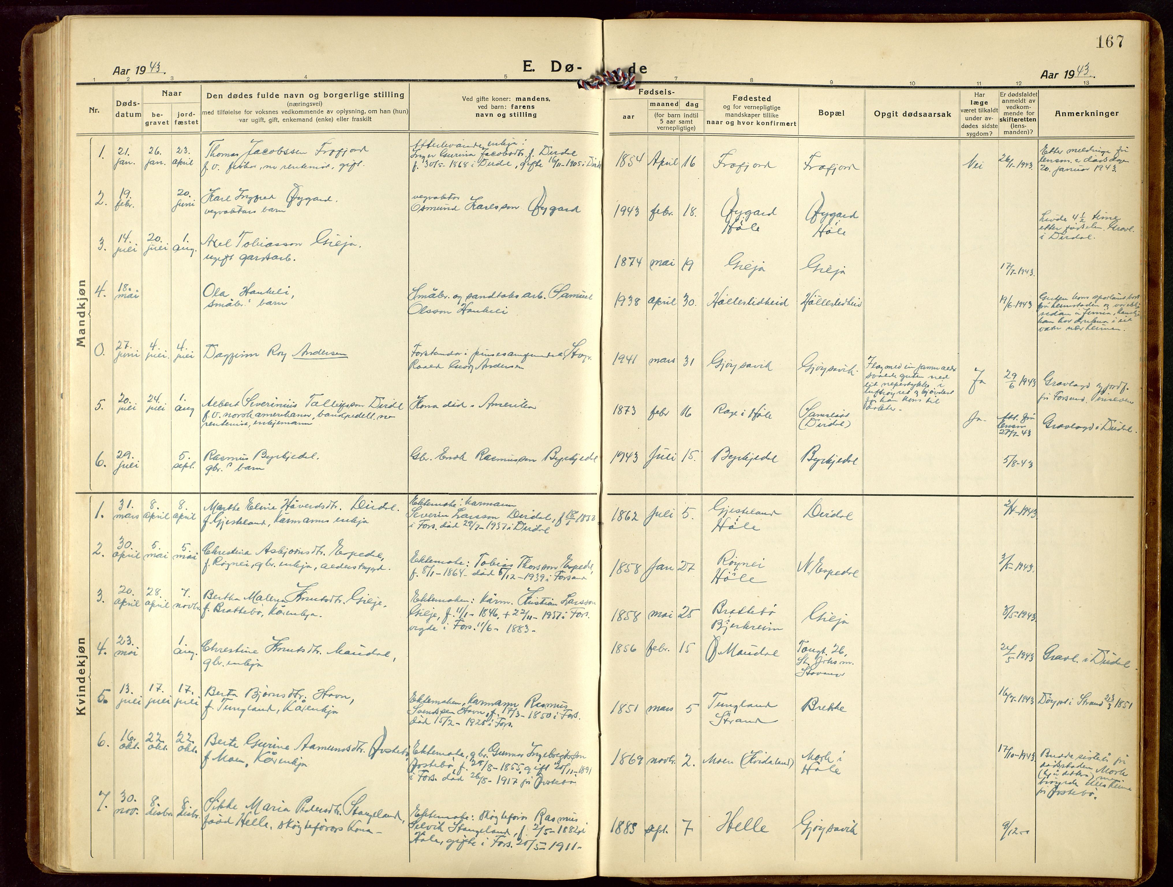 Høgsfjord sokneprestkontor, AV/SAST-A-101624/H/Ha/Hab/L0005: Klokkerbok nr. B 5, 1920-1957, s. 167