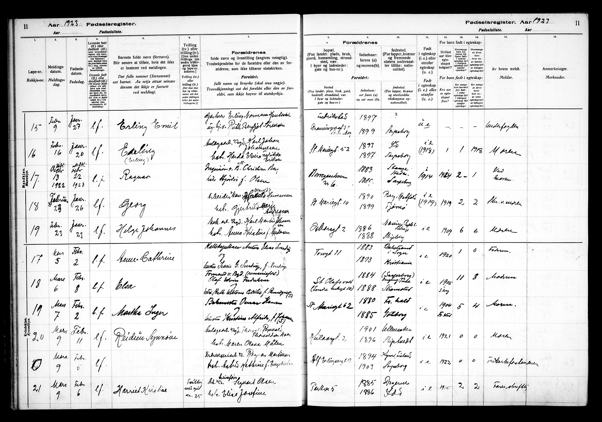 Sarpsborg prestekontor Kirkebøker, AV/SAO-A-2006/J/Ja/L0002: Fødselsregister nr. 2, 1922-1928, s. 11