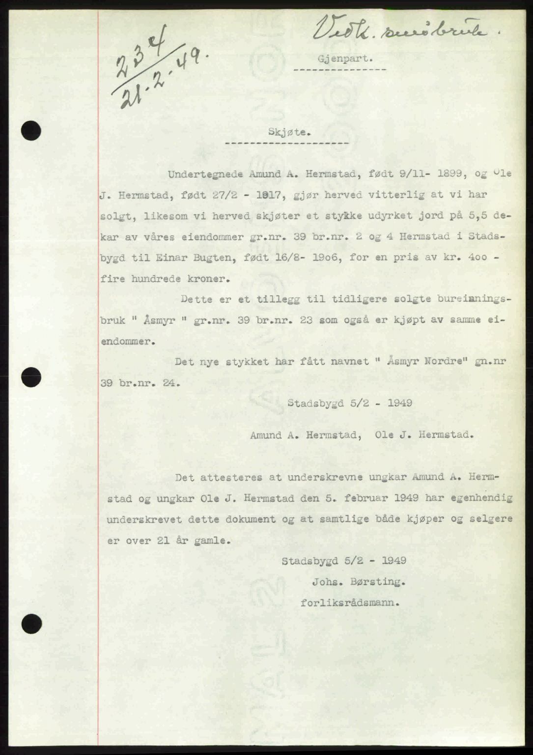 Fosen sorenskriveri, AV/SAT-A-1107/1/2/2C: Pantebok nr. A7-9, 1947-1949, Dagboknr: 234/1949