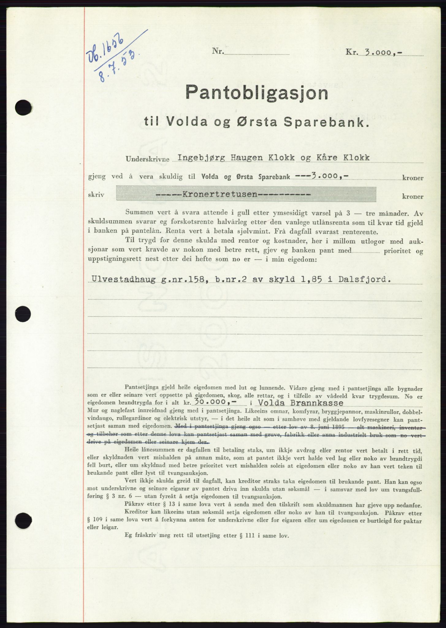 Søre Sunnmøre sorenskriveri, SAT/A-4122/1/2/2C/L0123: Pantebok nr. 11B, 1953-1953, Dagboknr: 1656/1953