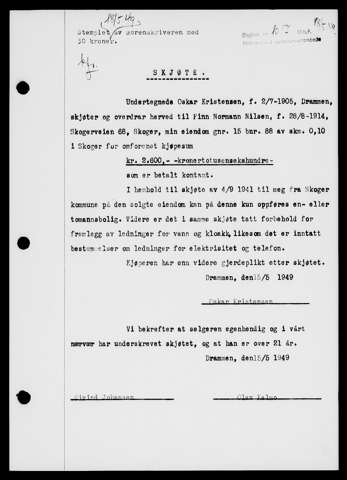 Holmestrand sorenskriveri, SAKO/A-67/G/Ga/Gaa/L0066: Pantebok nr. A-66, 1949-1949, Dagboknr: 1017/1949