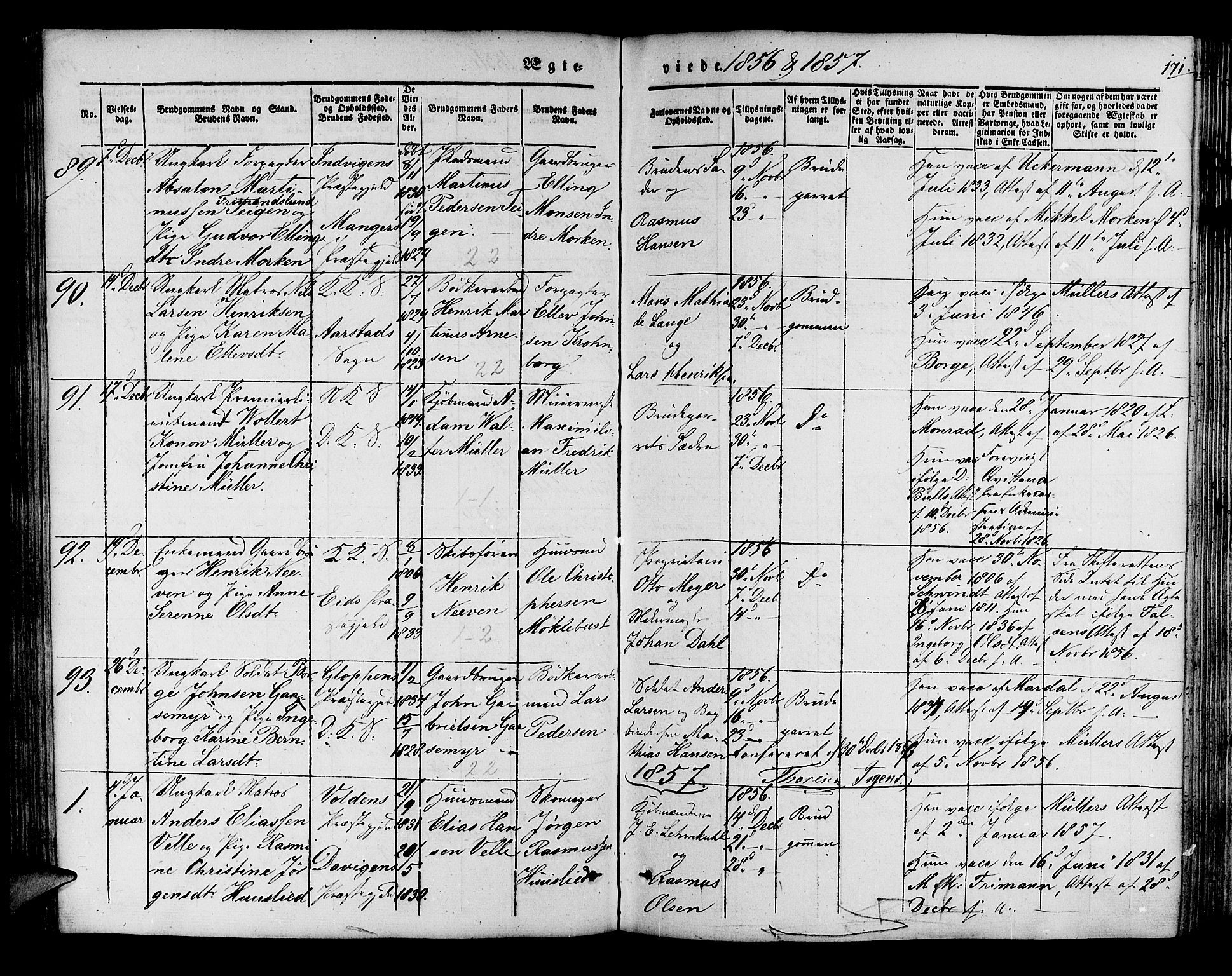 Korskirken sokneprestembete, AV/SAB-A-76101/H/Hab: Klokkerbok nr. D 1, 1840-1867, s. 171