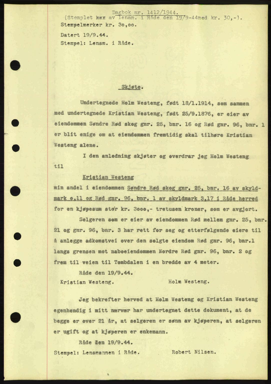 Moss sorenskriveri, SAO/A-10168: Pantebok nr. A13, 1944-1945, Dagboknr: 1412/1944