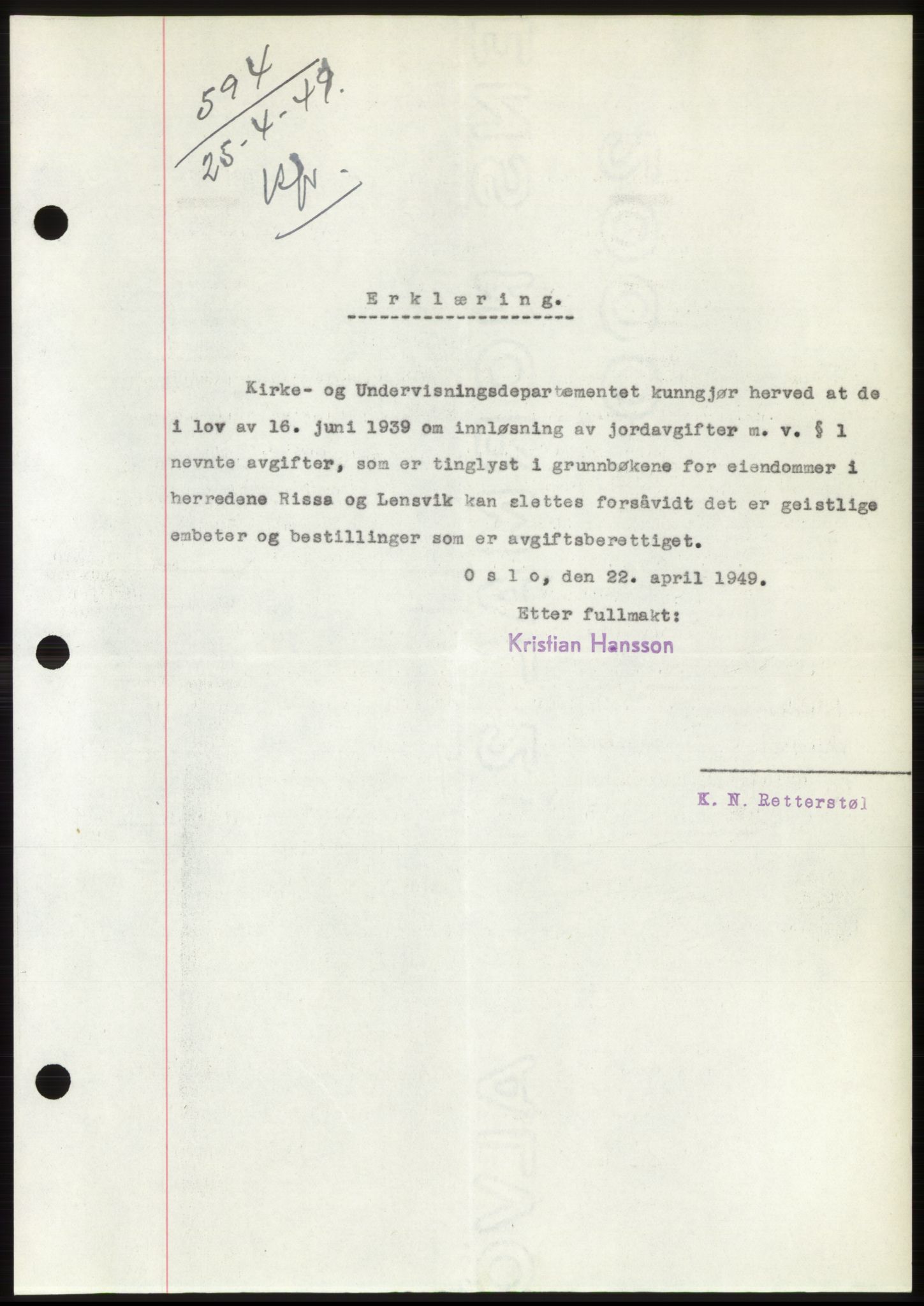 Fosen sorenskriveri, AV/SAT-A-1107/1/2/2C: Pantebok nr. B, 1948-1950, Dagboknr: 594/1949