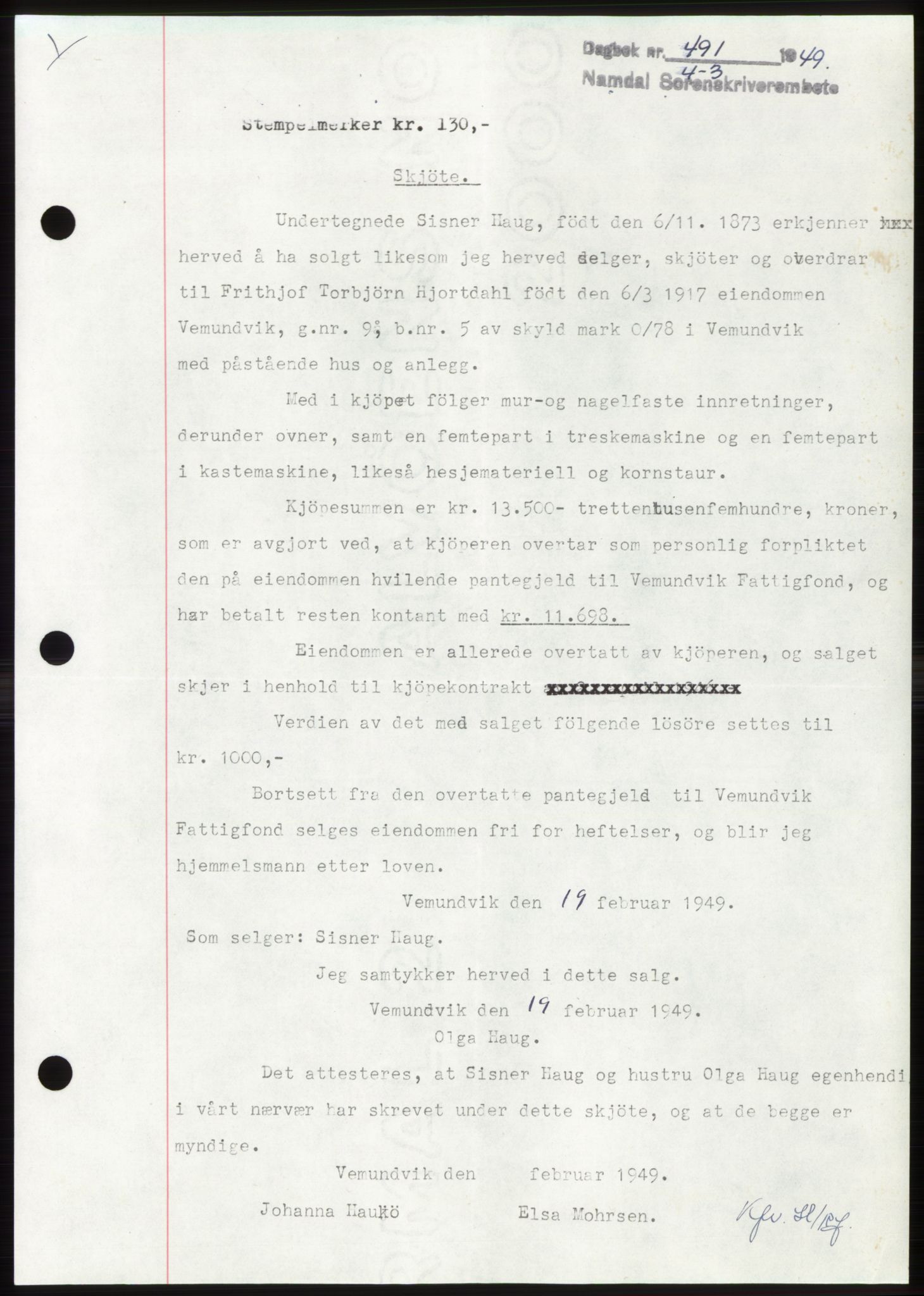 Namdal sorenskriveri, SAT/A-4133/1/2/2C: Pantebok nr. -, 1949-1949, Dagboknr: 491/1949