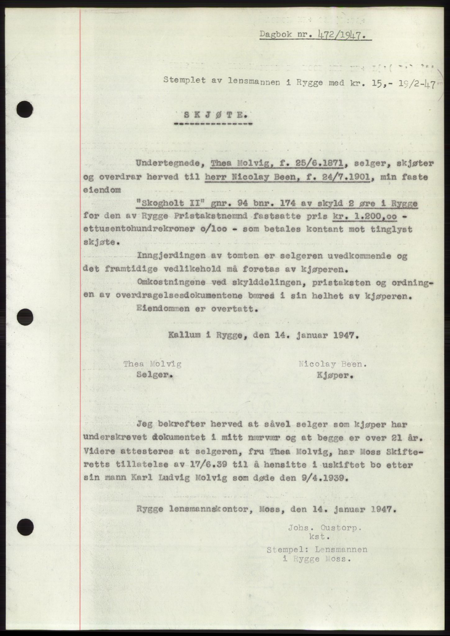 Moss sorenskriveri, SAO/A-10168: Pantebok nr. B16, 1946-1947, Dagboknr: 472/1947