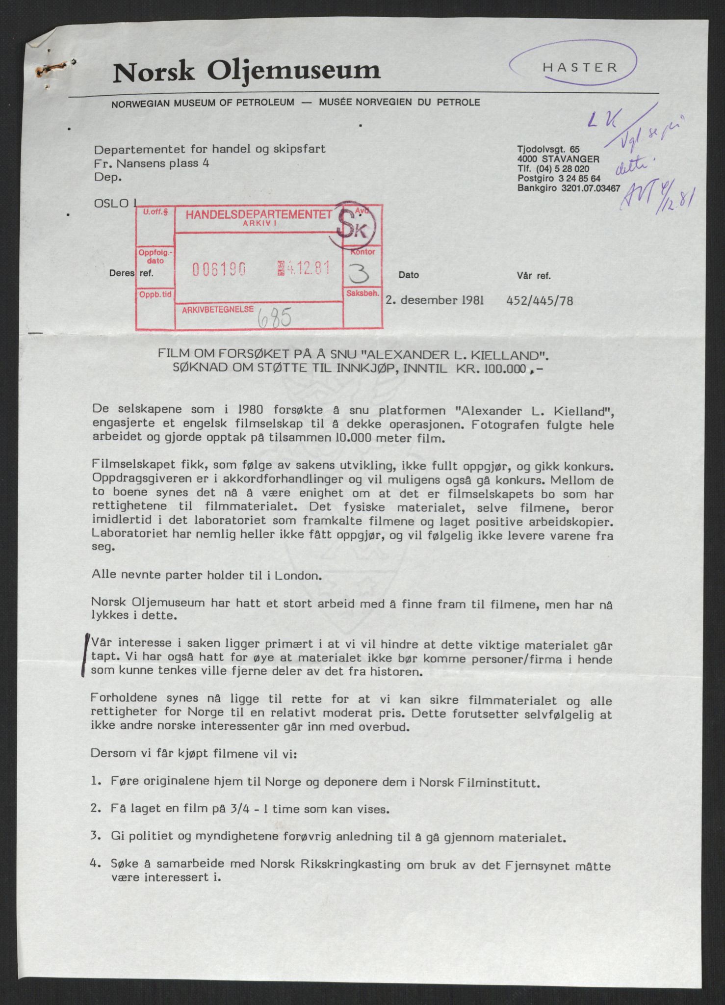Handelsdepartementet, Skipsfartsavdelingen, AV/RA-S-1409/2/D/De/L0504: Skipsfart. Andre spørsmål, 1982