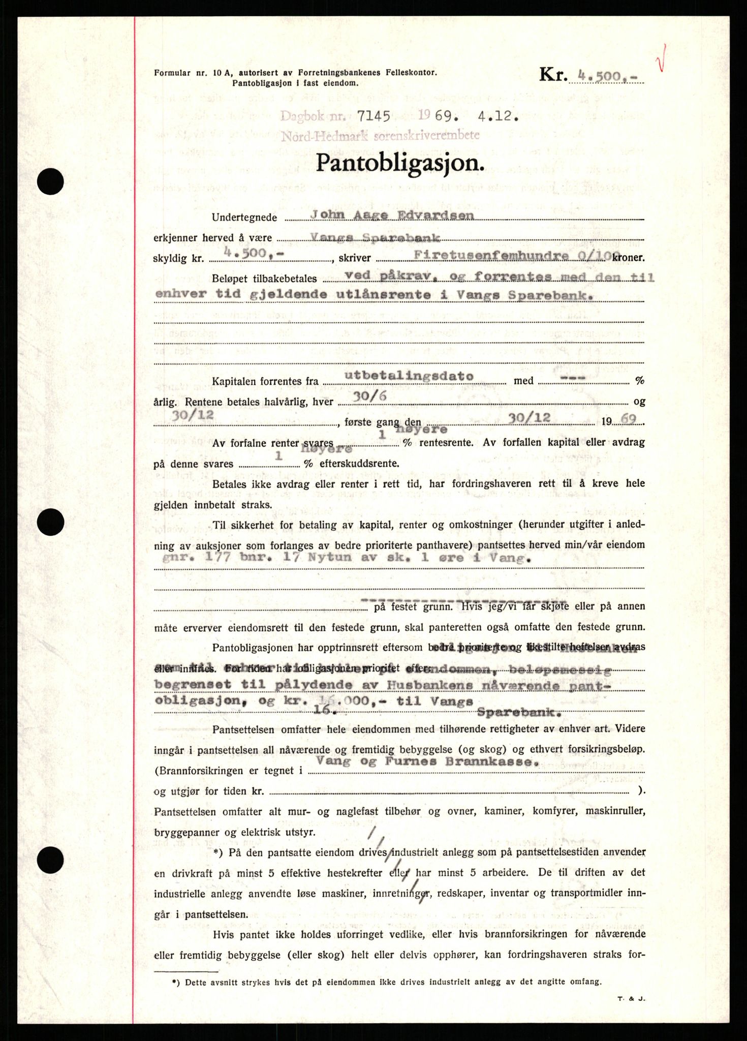 Nord-Hedmark sorenskriveri, SAH/TING-012/H/Hb/Hbf/L0082: Pantebok nr. B82, 1969-1969, Dagboknr: 7145/1969