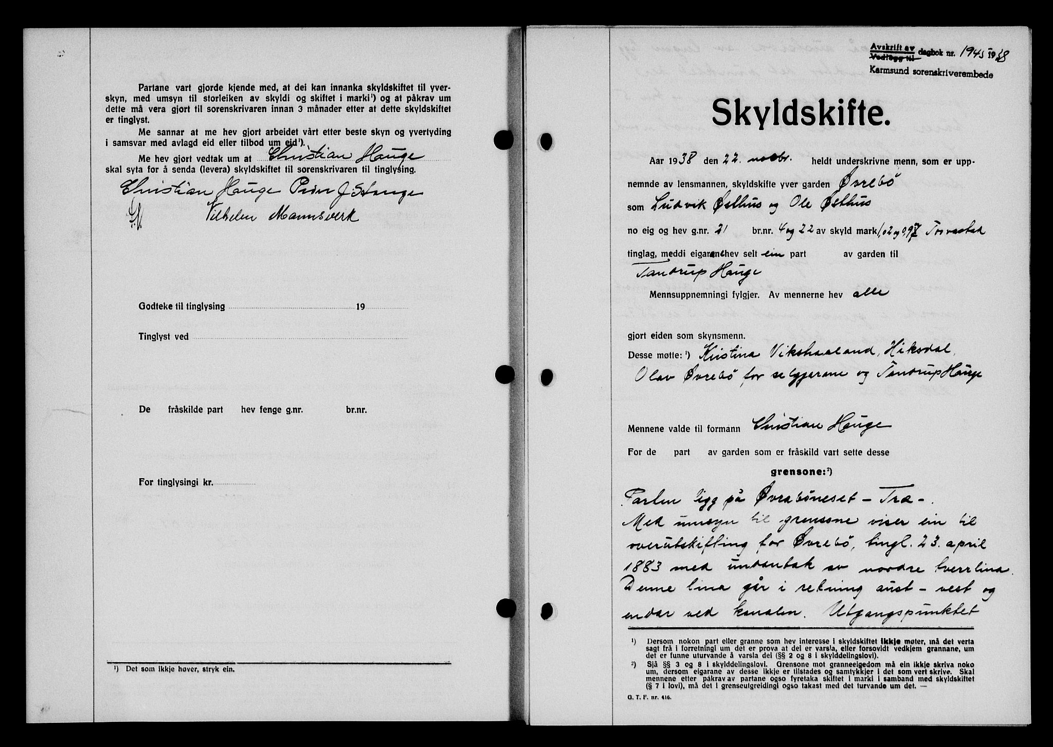 Karmsund sorenskriveri, SAST/A-100311/01/II/IIB/L0070: Pantebok nr. 51A, 1938-1939, Dagboknr: 1945/1938