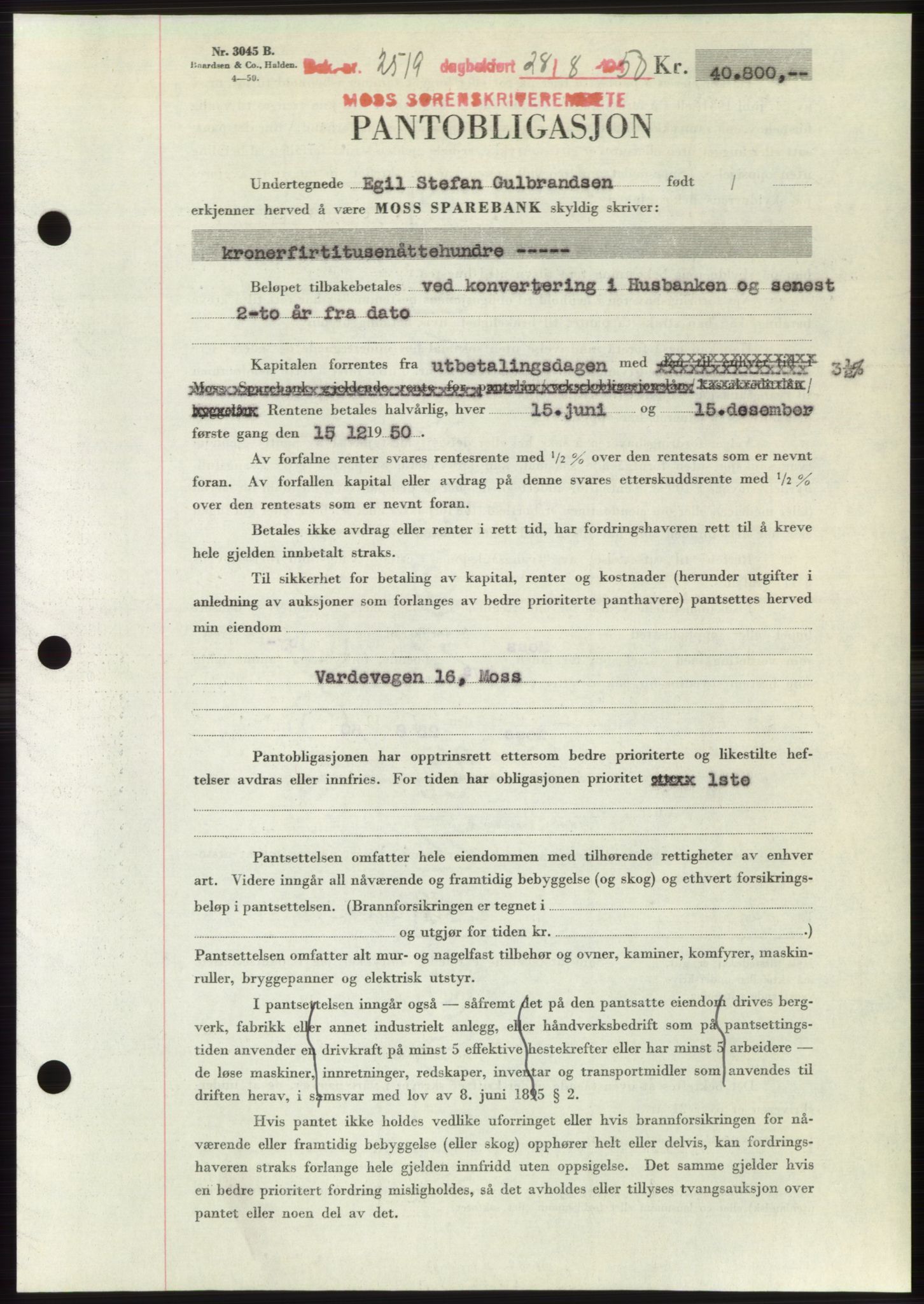 Moss sorenskriveri, SAO/A-10168: Pantebok nr. B25, 1950-1950, Dagboknr: 2519/1950
