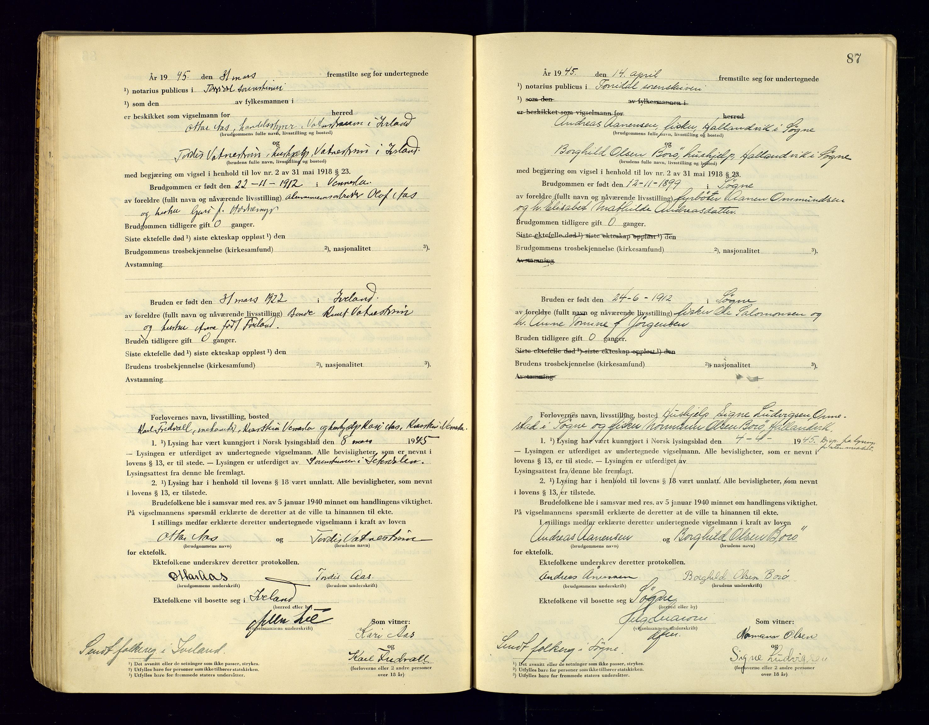 Torridal sorenskriveri, SAK/1221-0012/L/Ld/L0004: Vigselbok nr. 2, 1943-1946, s. 87
