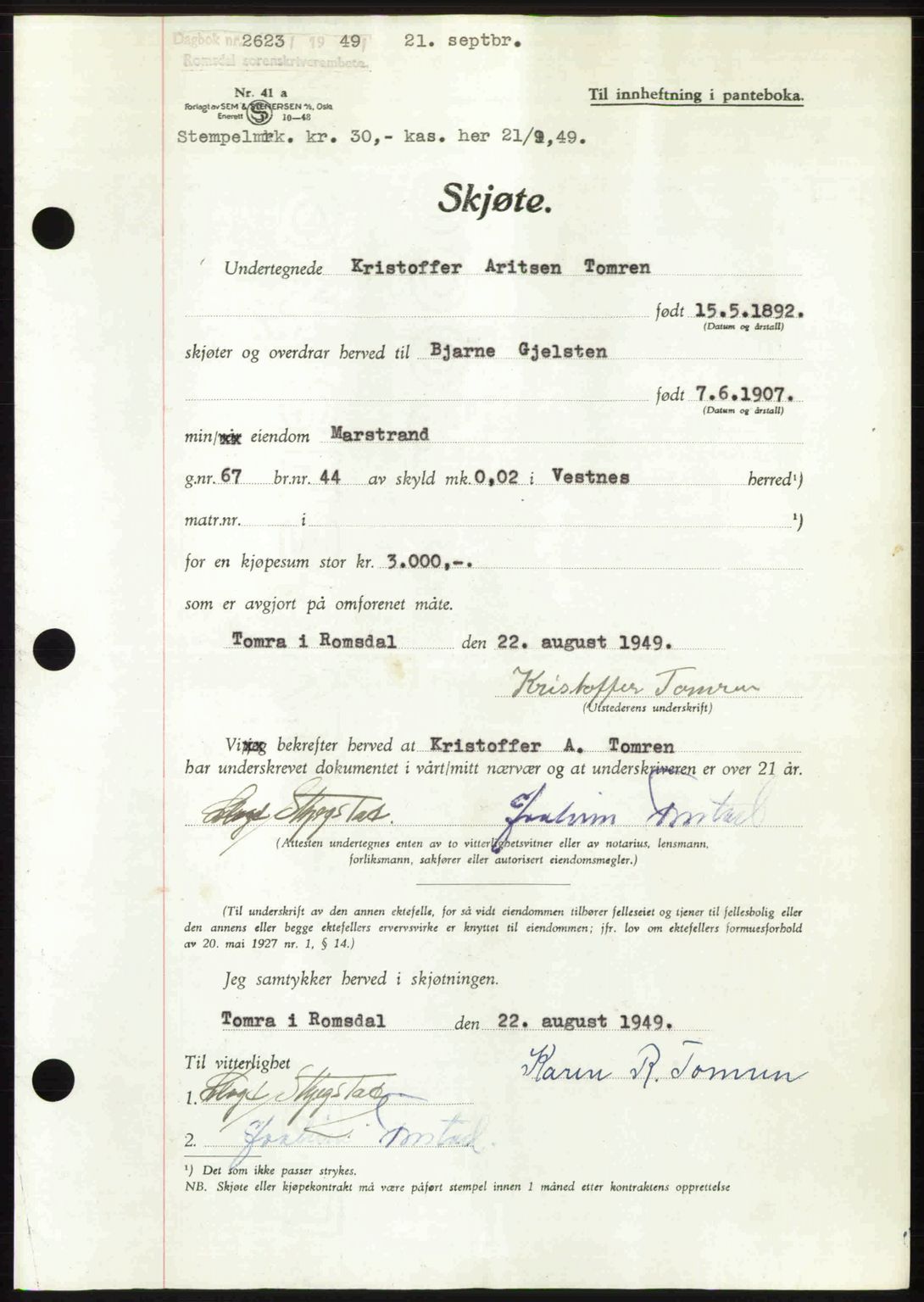 Romsdal sorenskriveri, SAT/A-4149/1/2/2C: Pantebok nr. A31, 1949-1949, Dagboknr: 2623/1949