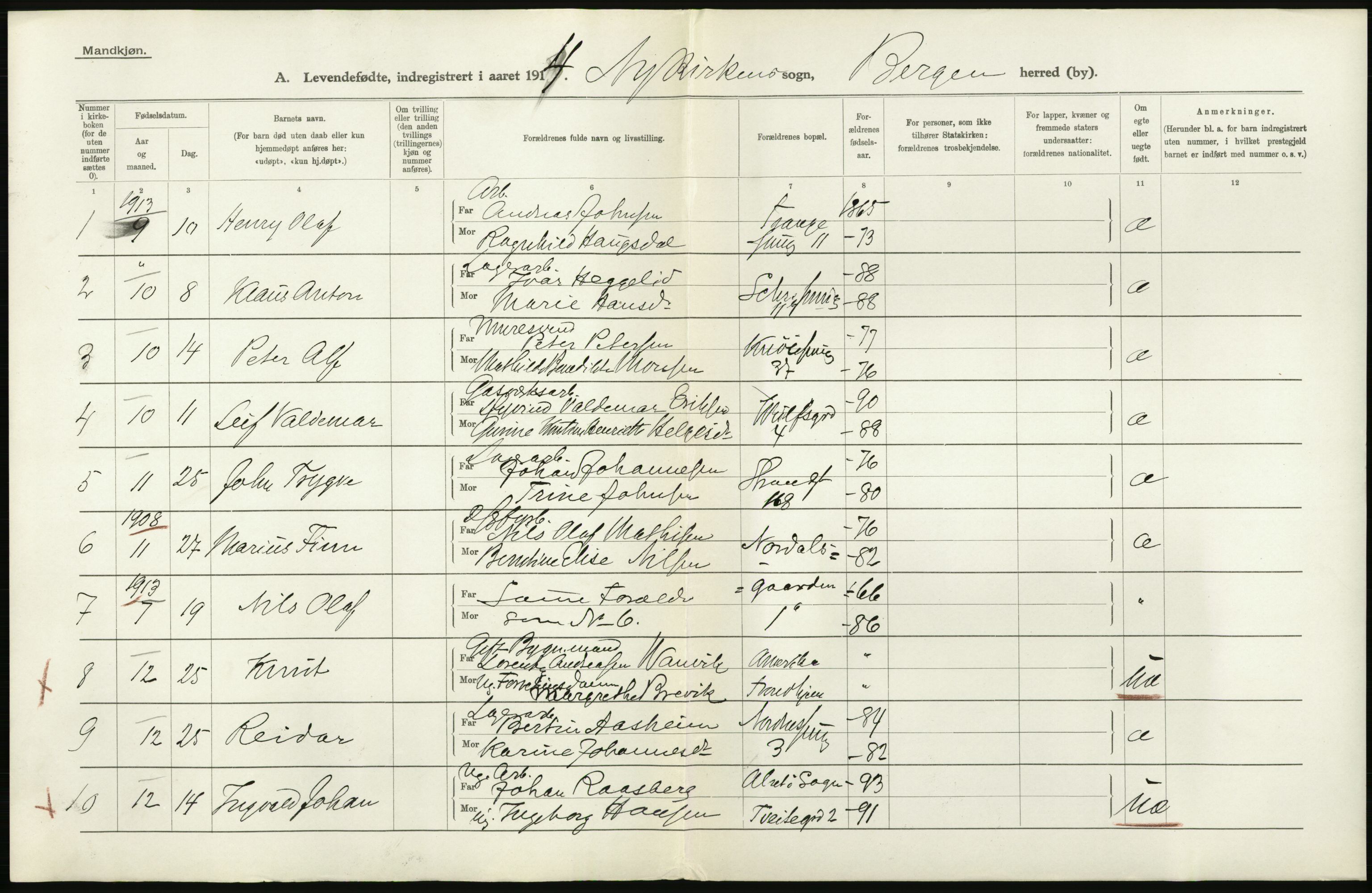 Statistisk sentralbyrå, Sosiodemografiske emner, Befolkning, AV/RA-S-2228/D/Df/Dfb/Dfbd/L0030: Bergen: Levendefødte menn og kvinner., 1914, s. 2