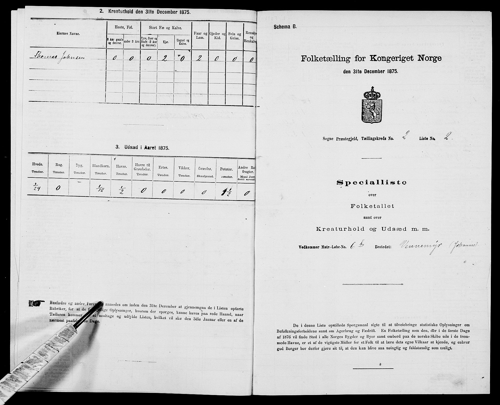 SAK, Folketelling 1875 for 1018P Søgne prestegjeld, 1875, s. 200