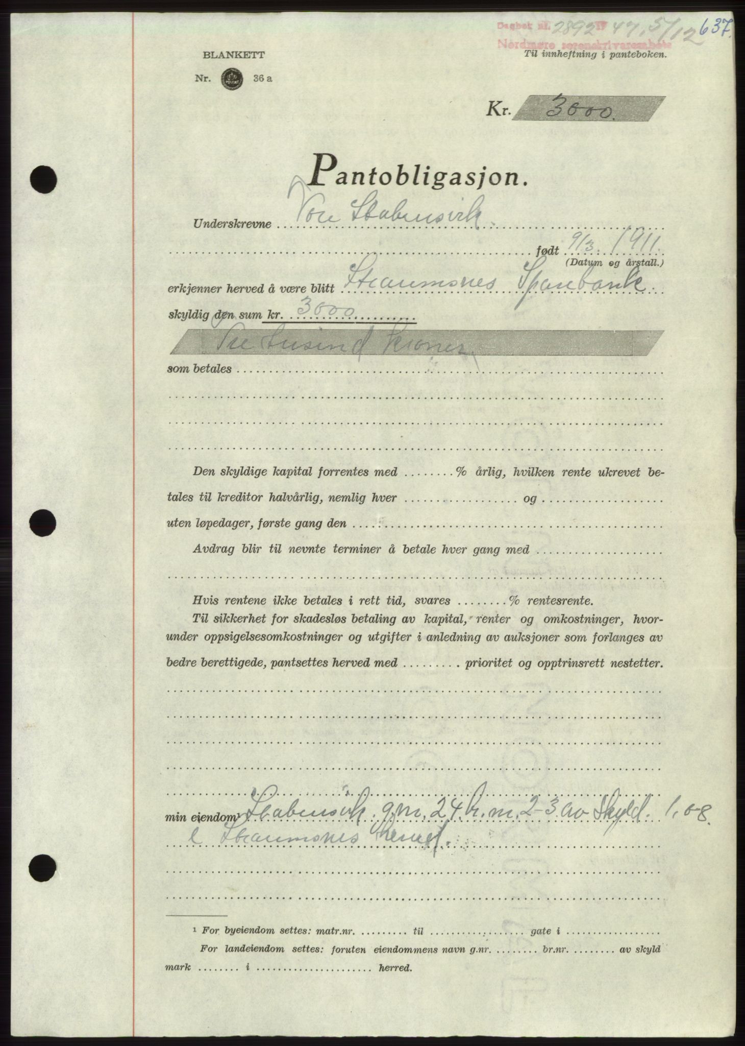 Nordmøre sorenskriveri, AV/SAT-A-4132/1/2/2Ca: Pantebok nr. B97, 1947-1948, Dagboknr: 2892/1947