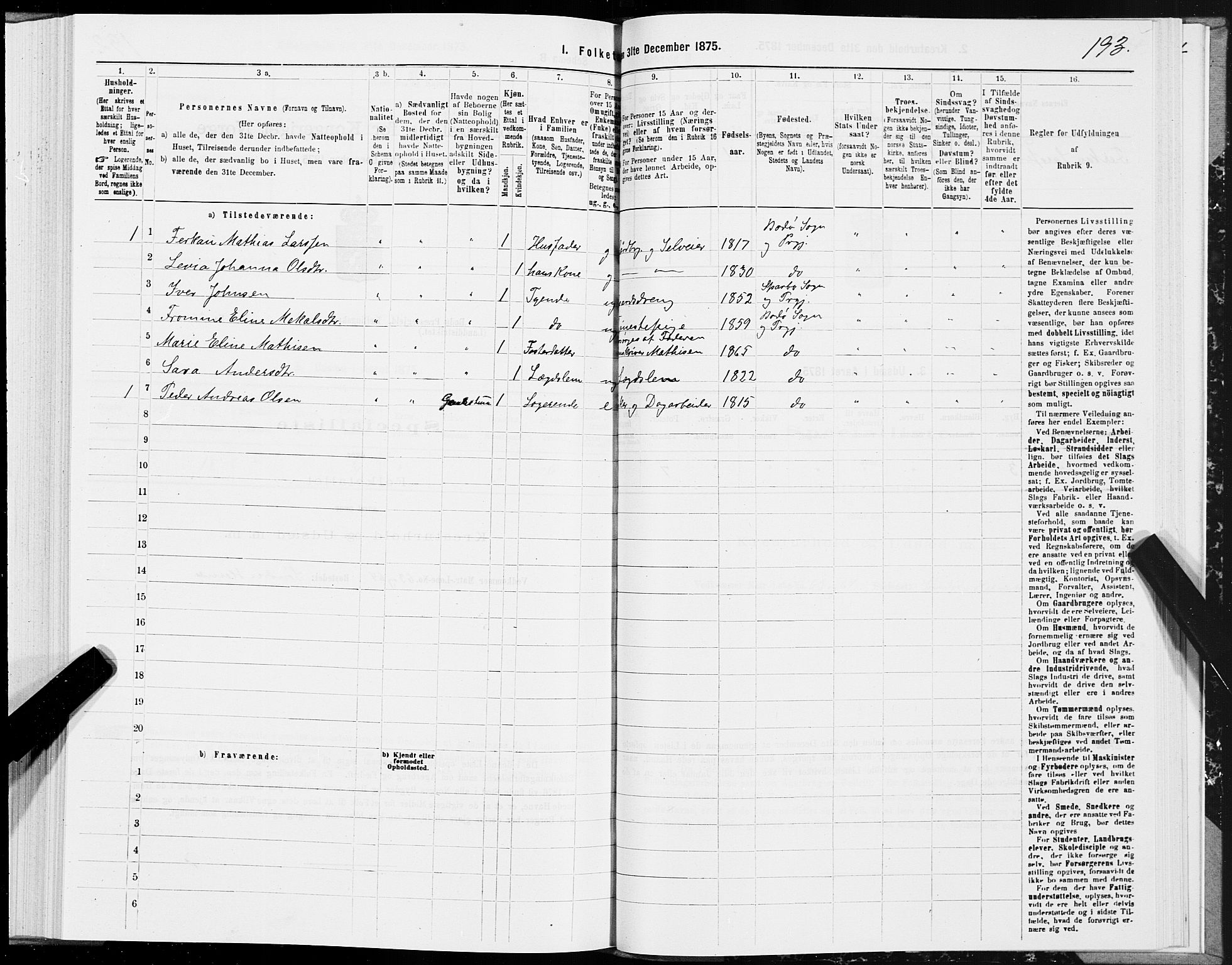 SAT, Folketelling 1875 for 1843L Bodø prestegjeld, Bodø landsokn, 1875, s. 1193