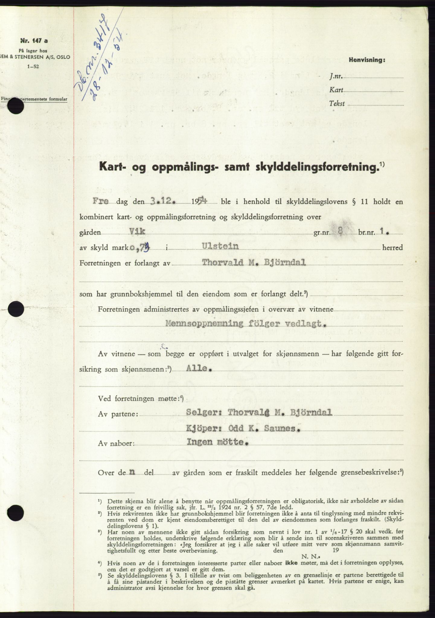 Søre Sunnmøre sorenskriveri, SAT/A-4122/1/2/2C/L0100: Pantebok nr. 26A, 1954-1955, Dagboknr: 3417/1954