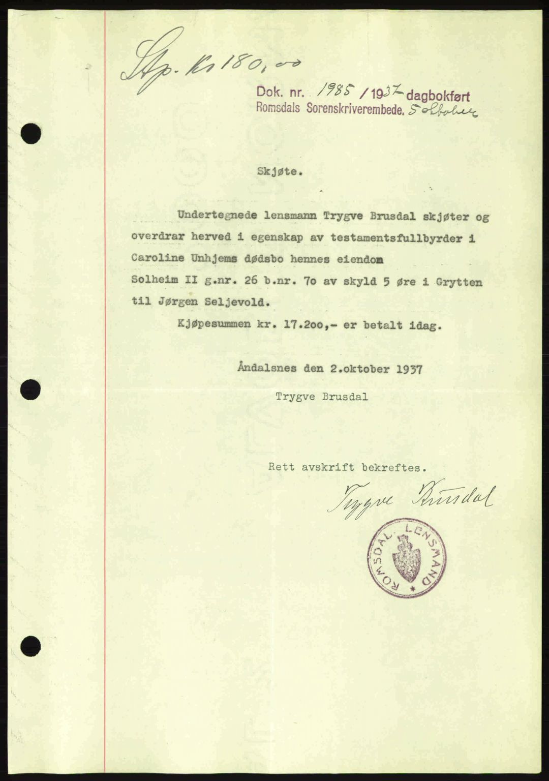 Romsdal sorenskriveri, SAT/A-4149/1/2/2C: Pantebok nr. A4, 1937-1938, Dagboknr: 1985/1937