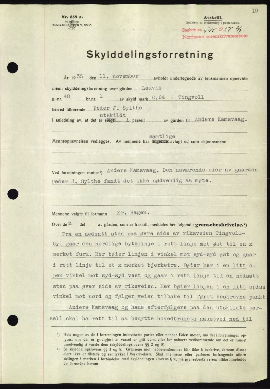 Nordmøre sorenskriveri, SAT/A-4132/1/2/2Ca: Pantebok nr. A81, 1937-1937, Dagboknr: 545/1937