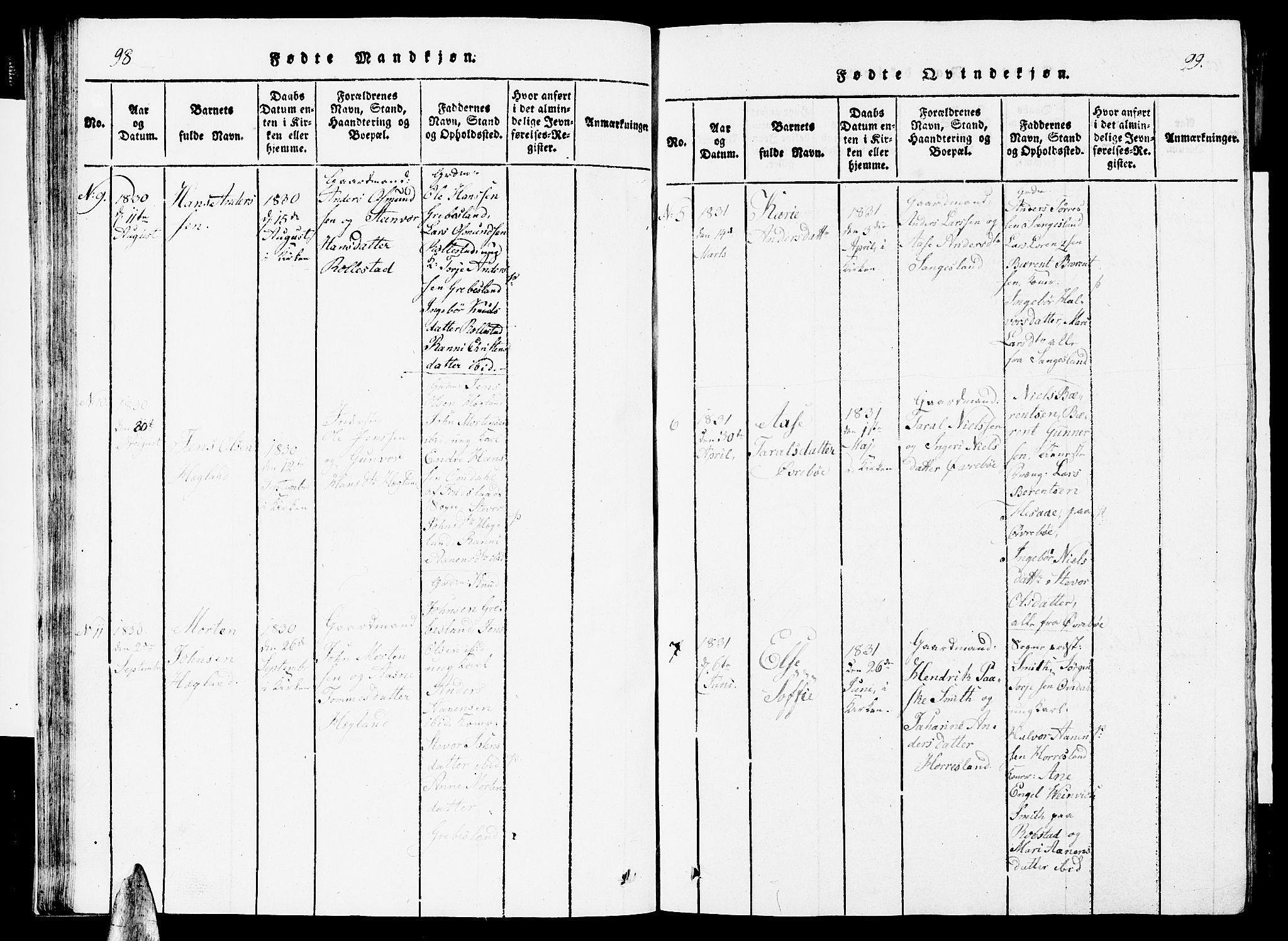 Vennesla sokneprestkontor, AV/SAK-1111-0045/Fb/Fbc/L0001: Klokkerbok nr. B 1, 1820-1834, s. 98-99