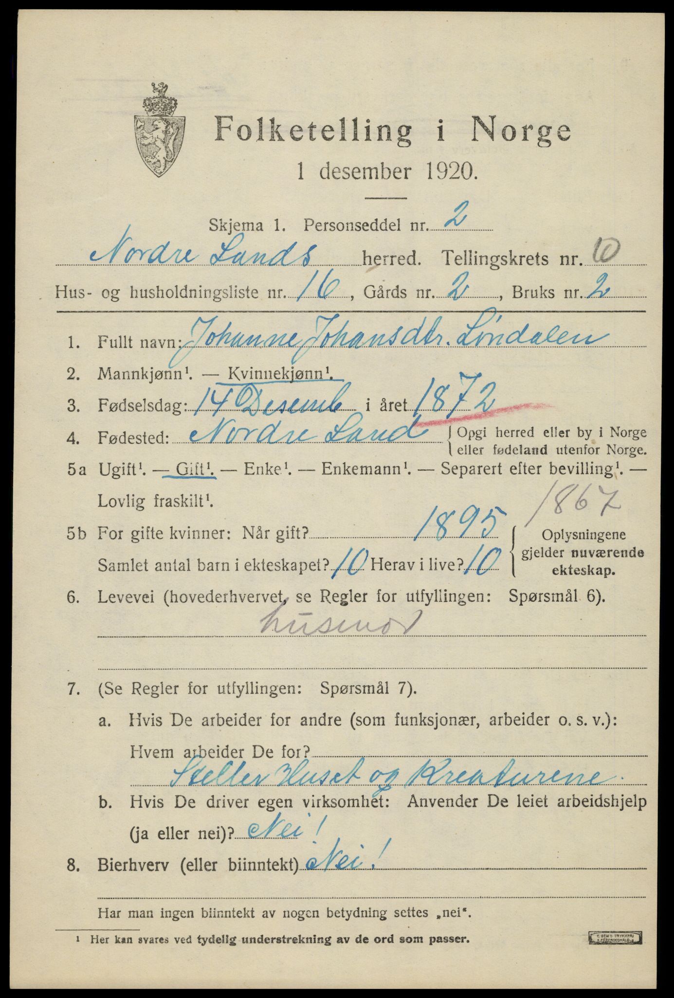 SAH, Folketelling 1920 for 0538 Nordre Land herred, 1920, s. 5400