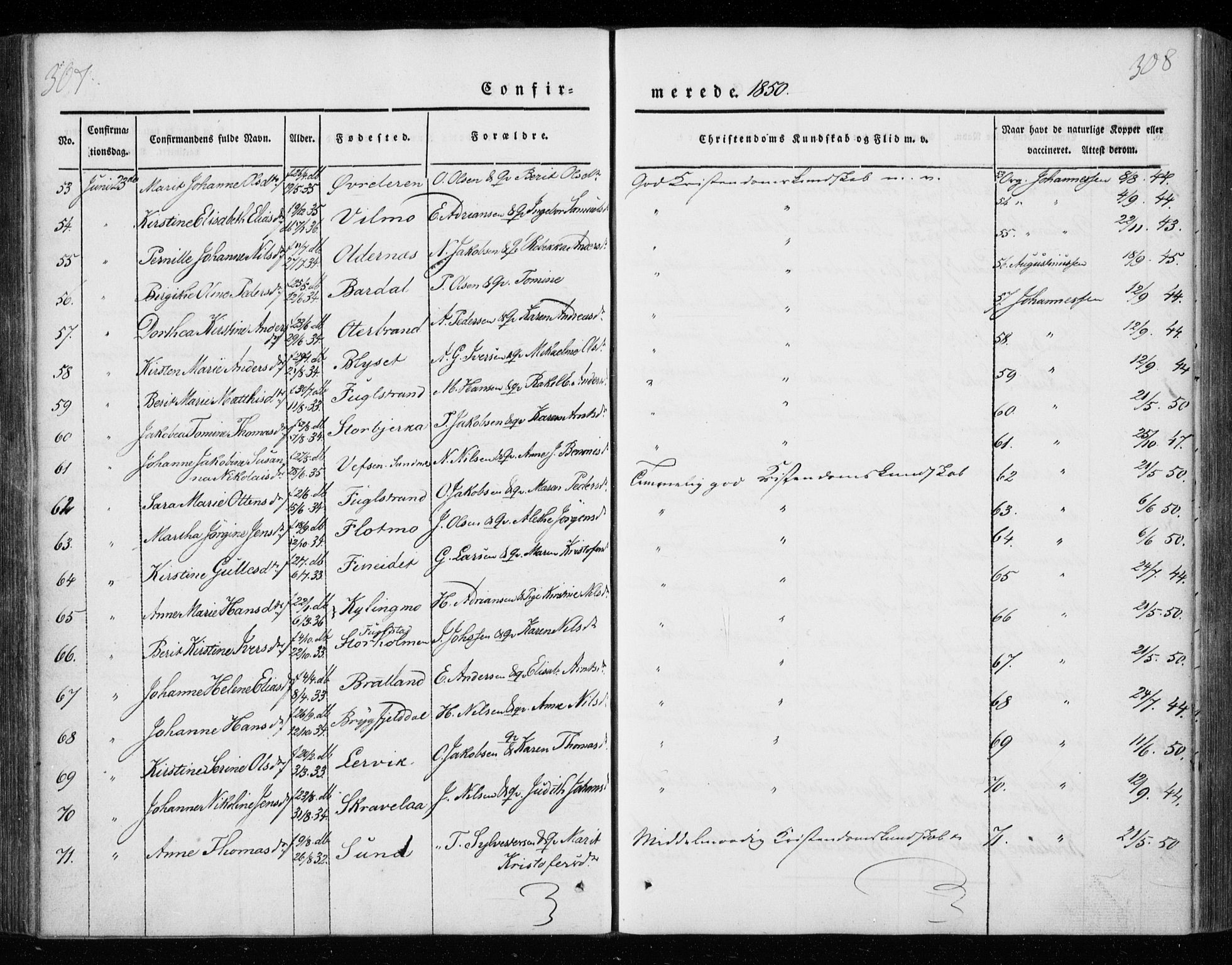 Ministerialprotokoller, klokkerbøker og fødselsregistre - Nordland, AV/SAT-A-1459/825/L0355: Ministerialbok nr. 825A09, 1842-1863, s. 307-308